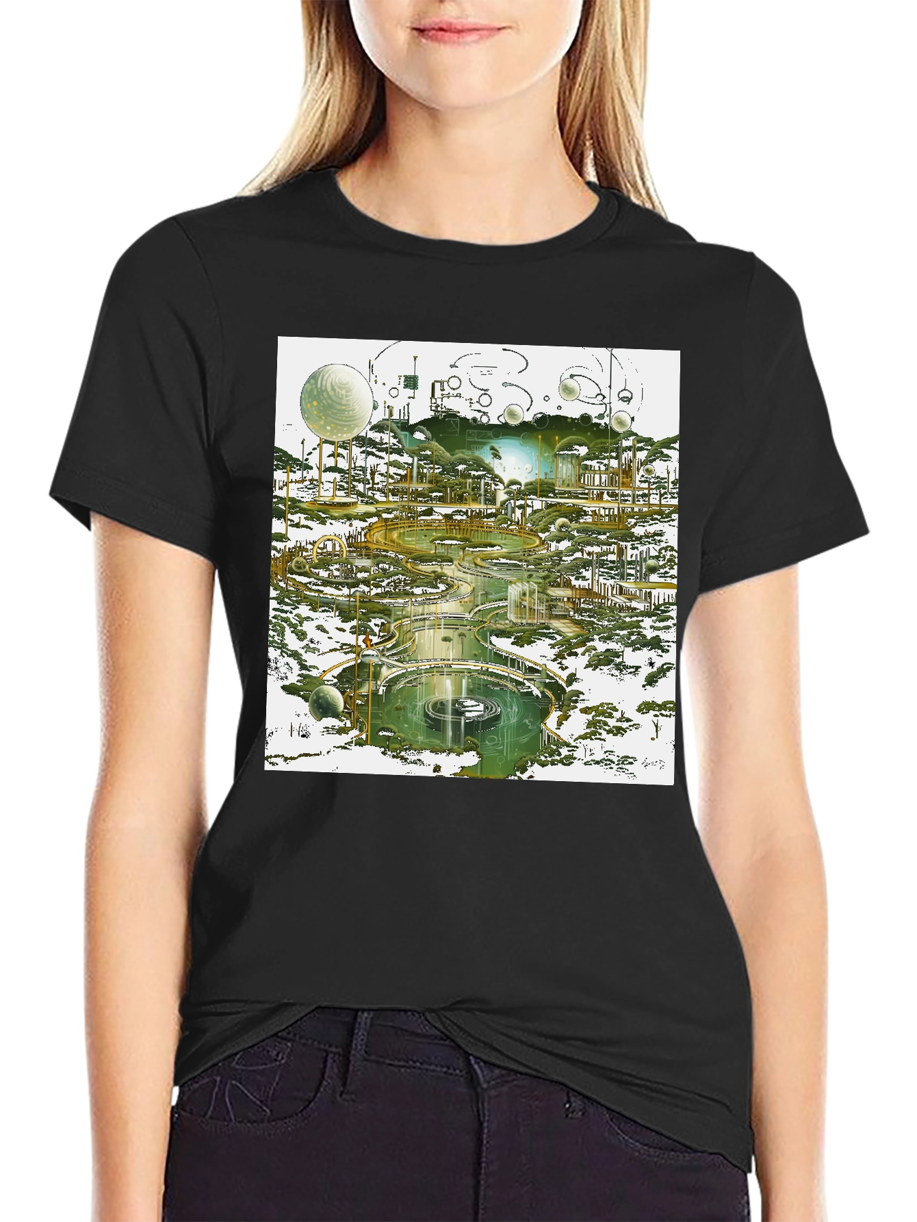 Futuristic Landscape Graphic Tee - Black Cotton