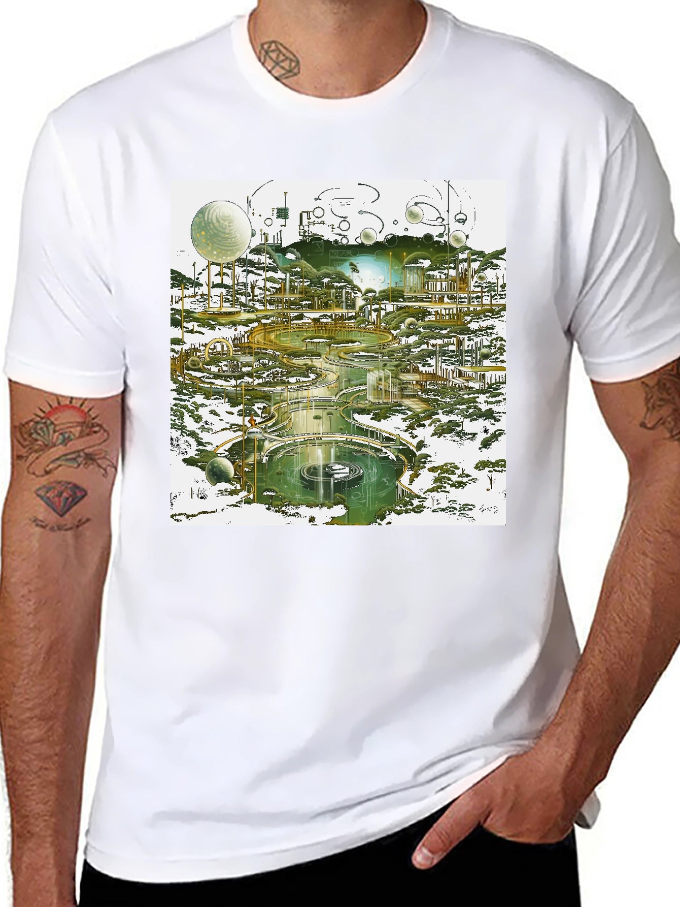 Futuristic Landscape Graphic Tee - Black Cotton