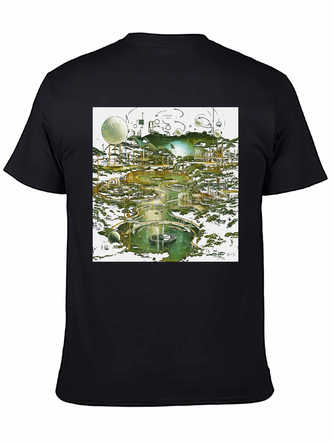 Futuristic Landscape Graphic Tee - Black Cotton