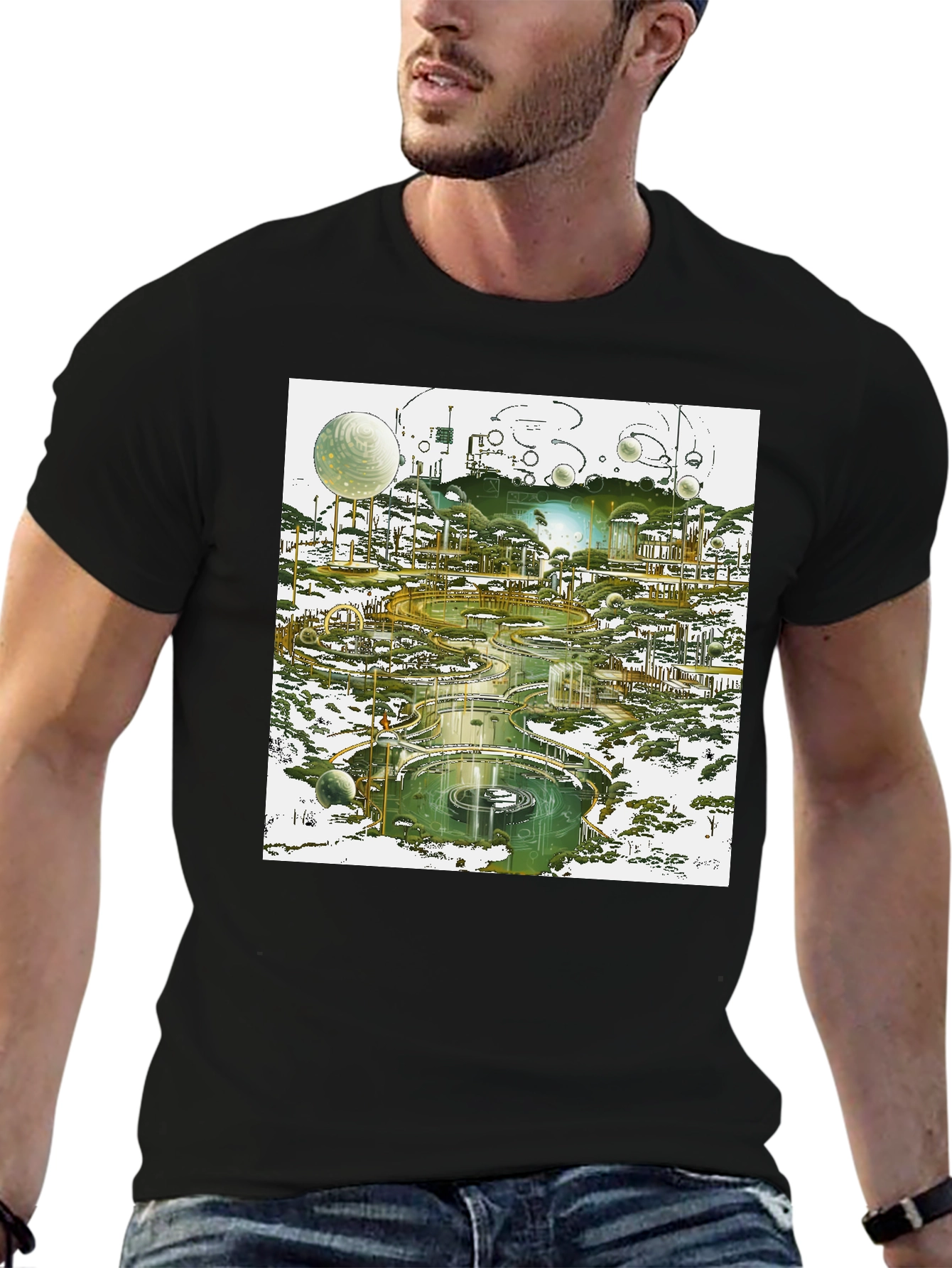 Futuristic Landscape Graphic Tee - Black Cotton