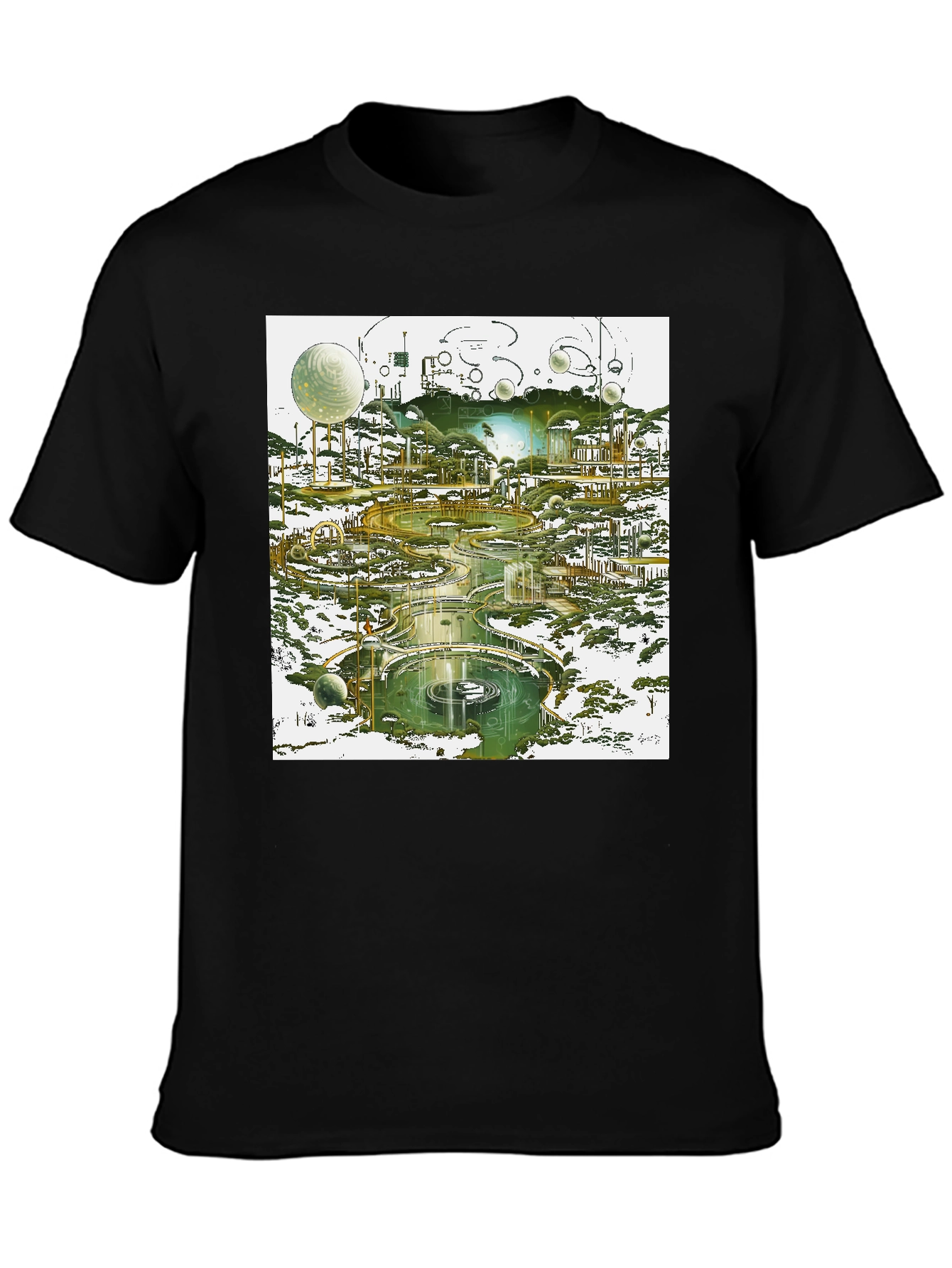 Futuristic Landscape Graphic Tee - Black Cotton
