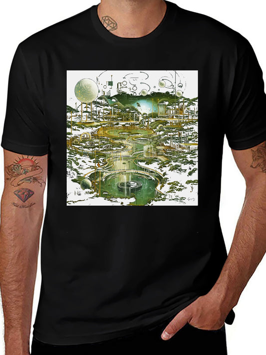 Futuristic Landscape Graphic Tee - Black Cotton