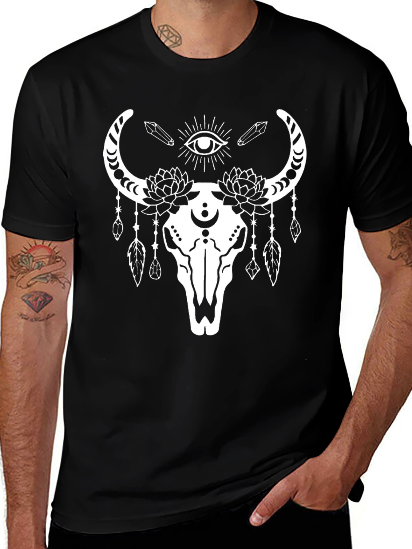 Mystic Bull Skull Graphic Tee - Black Cotton T-Shirt