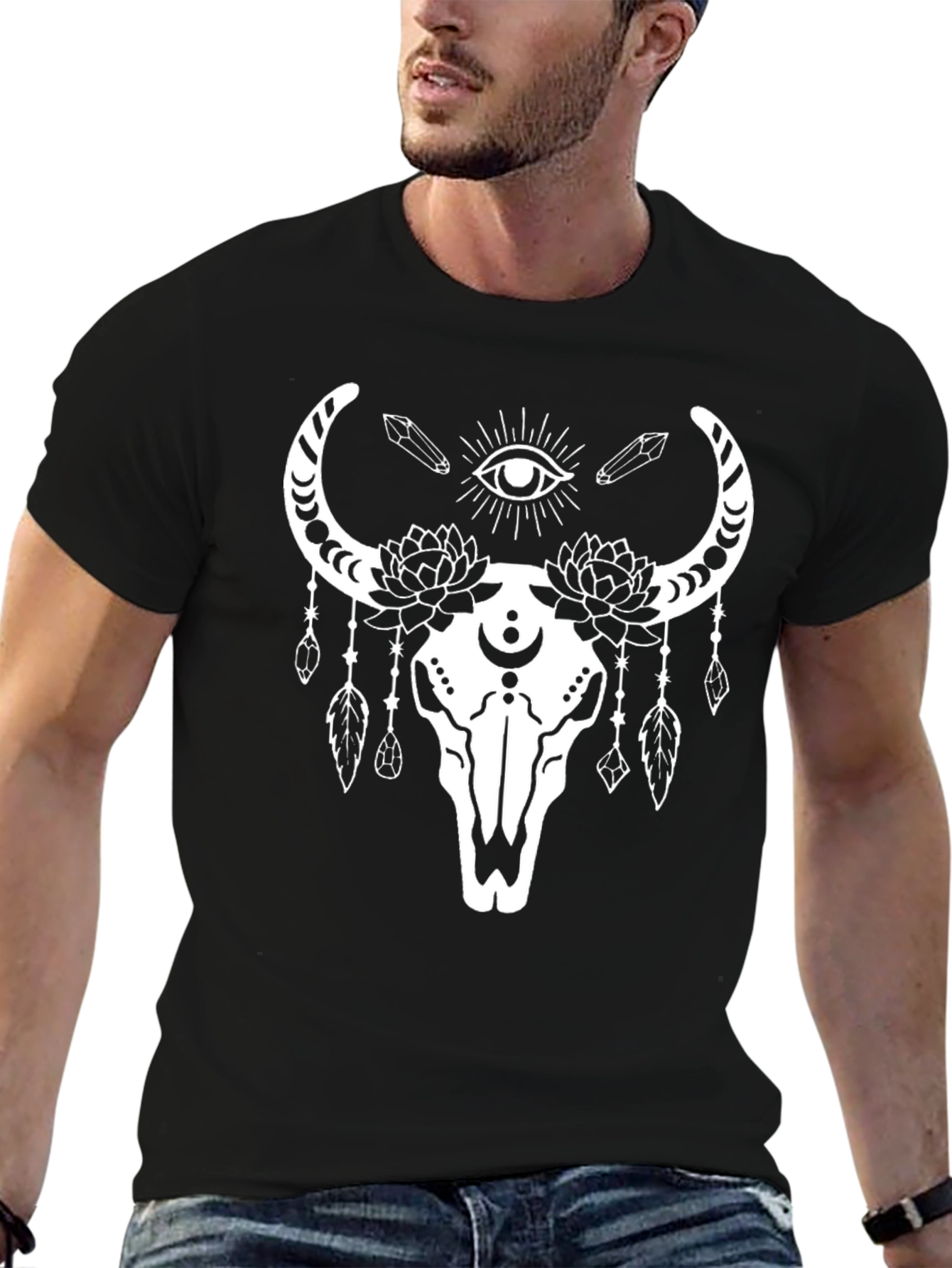 Mystic Bull Skull Graphic Tee - Black Cotton T-Shirt