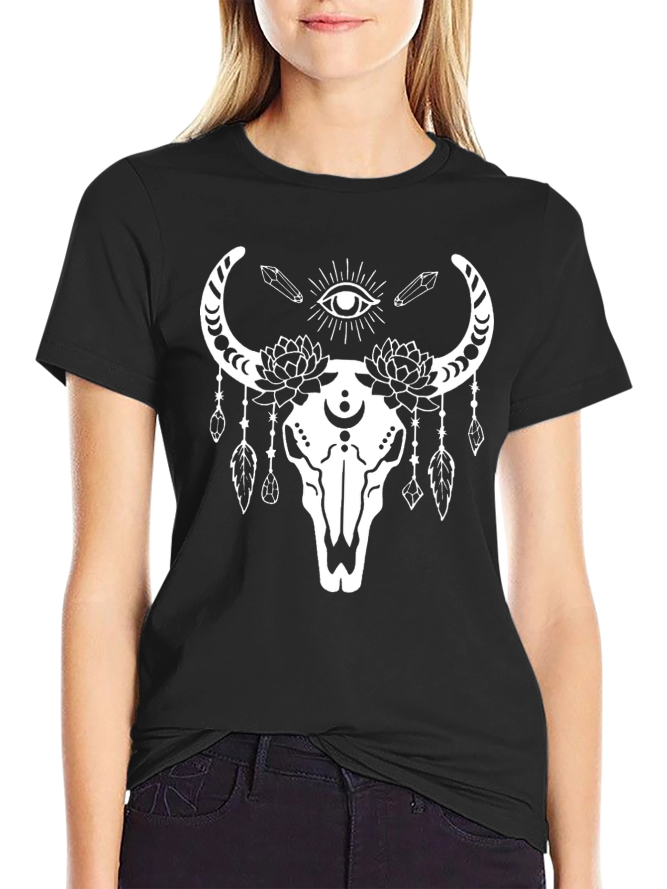 Mystic Bull Skull Graphic Tee - Black Cotton T-Shirt