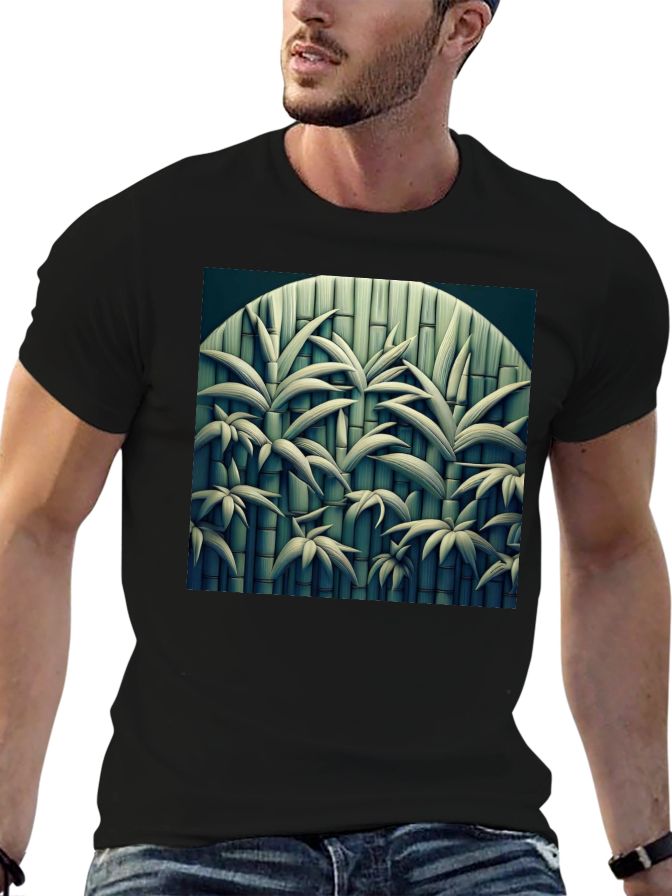 Bamboo Print Black T-Shirt