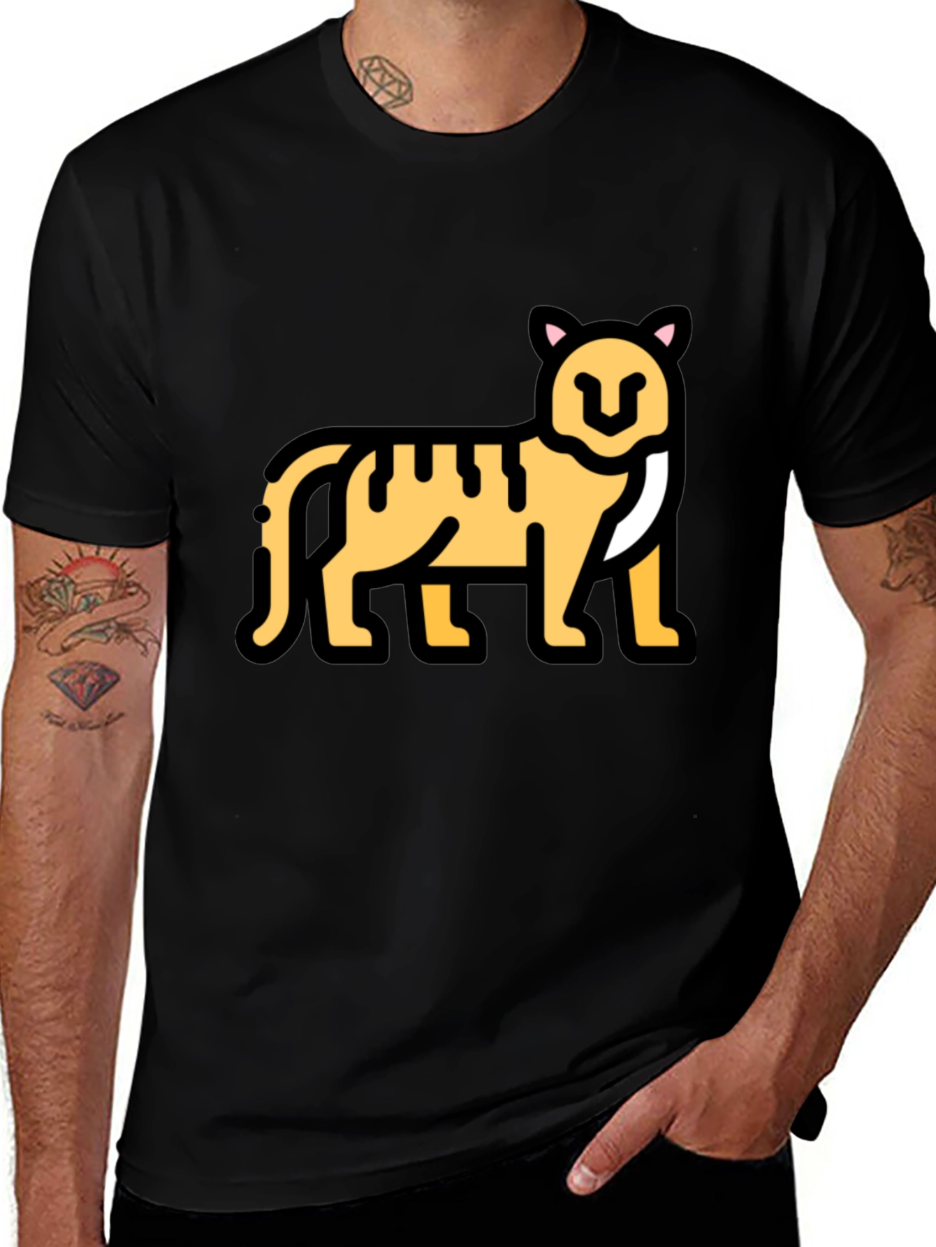 Black T-Shirt with Tiger Cartoon Graphic