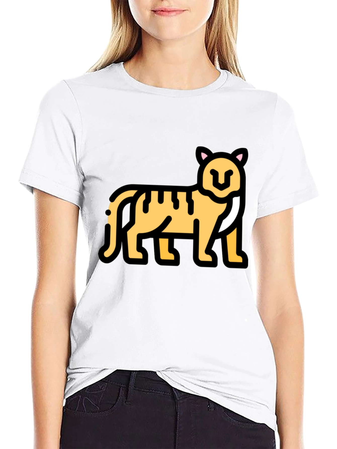 Black T-Shirt with Tiger Cartoon Graphic