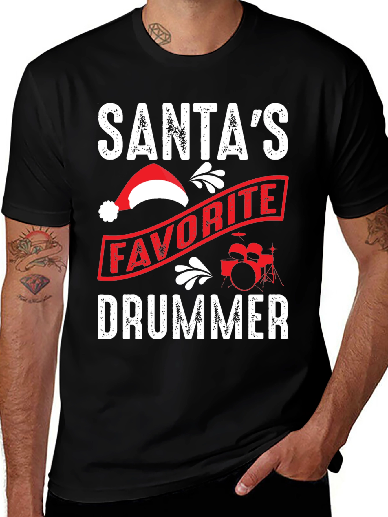 Santas Favorite Drummer T-Shirt - Christmas Holiday Tee