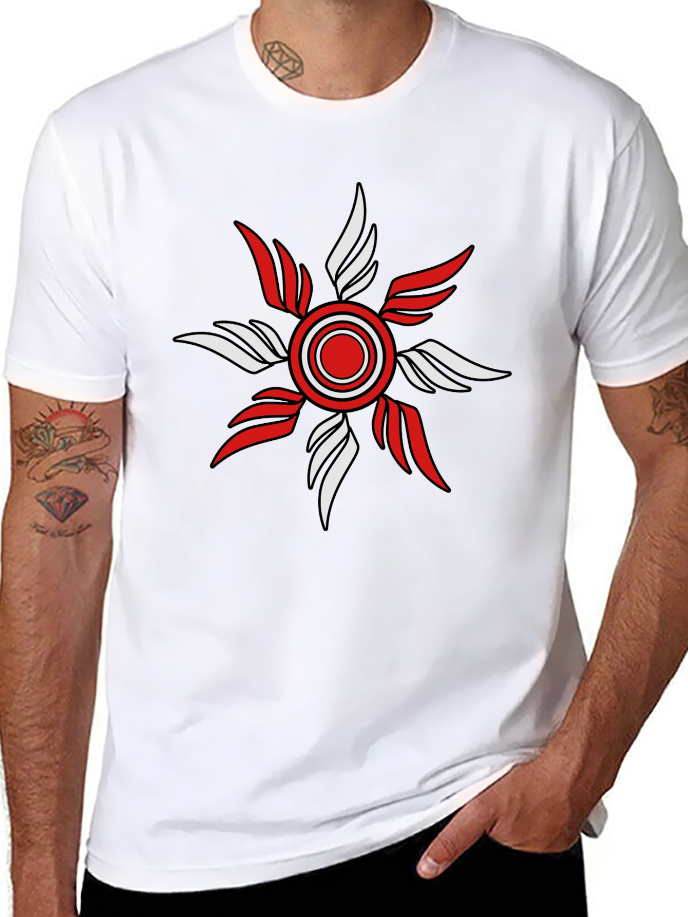 Mens Black T-Shirt with Red and White Emblem