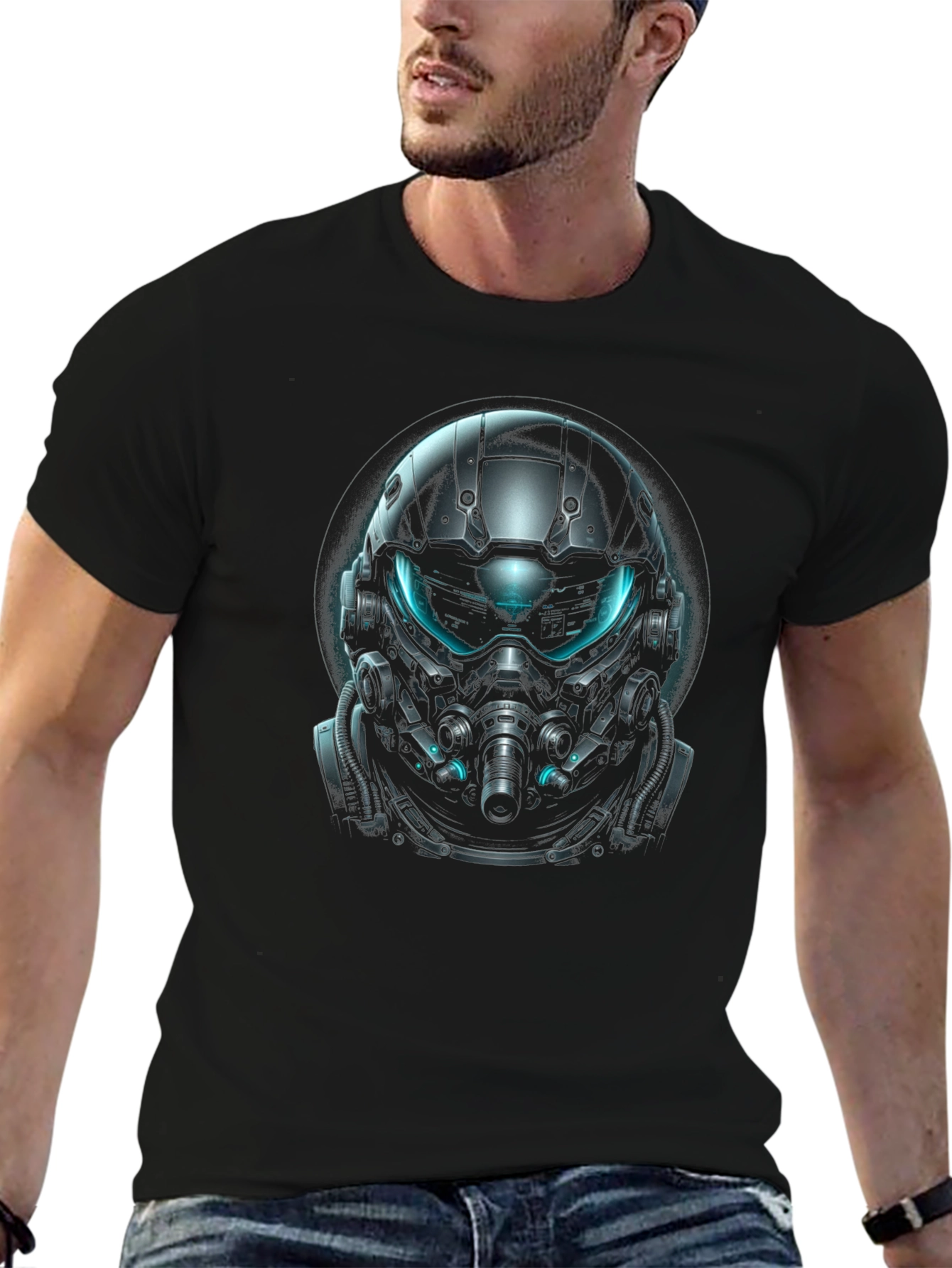Futuristic Helmet Graphic Black T-Shirt