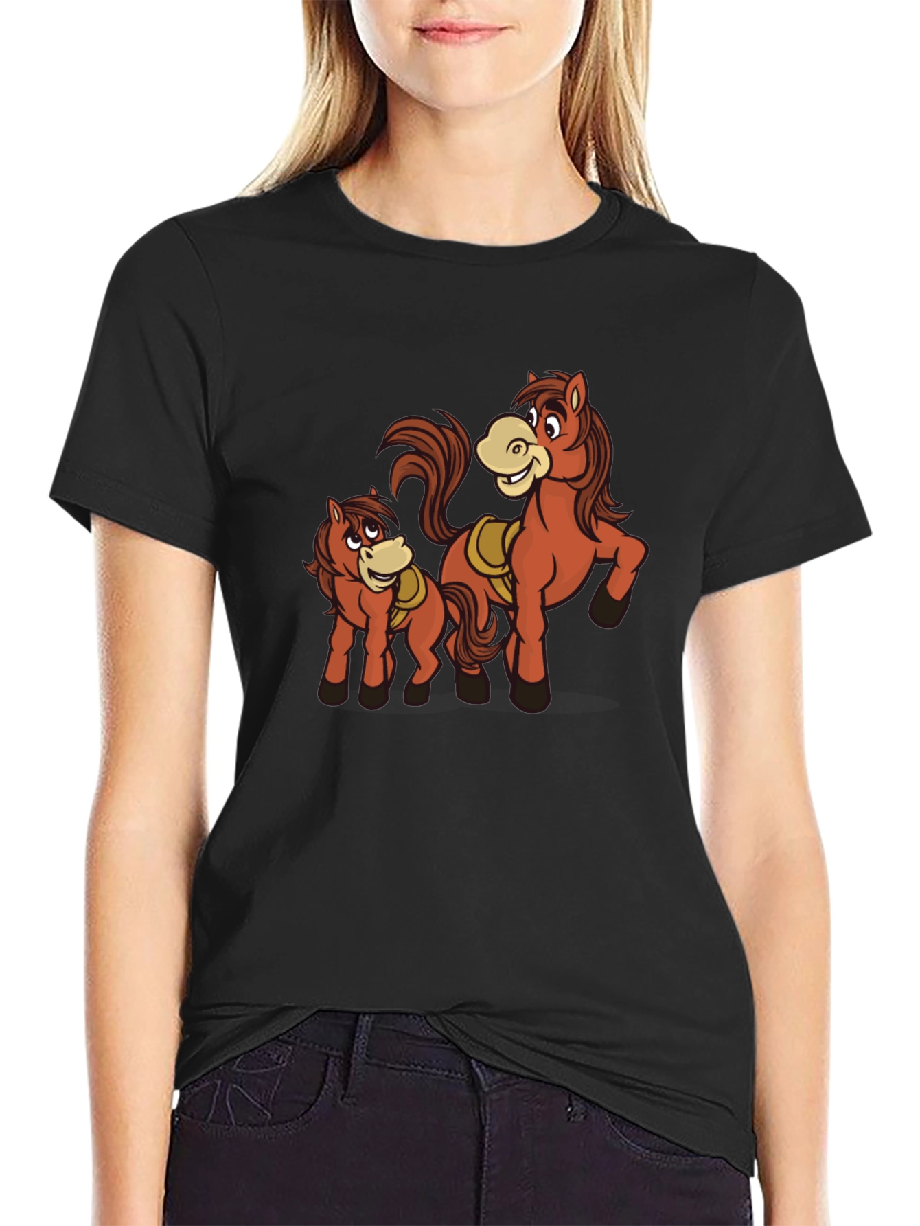 Horse Cartoon Graphic Black T-Shirt