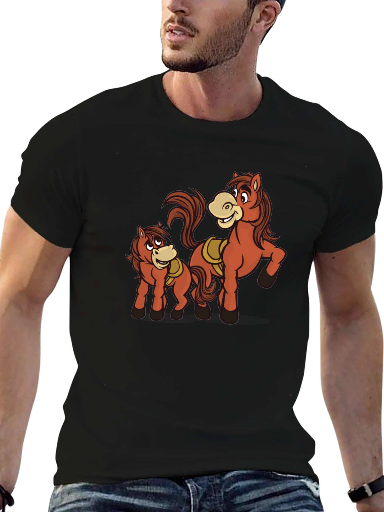 Horse Cartoon Graphic Black T-Shirt