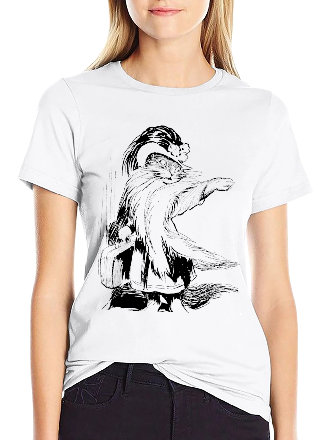 Whimsical Wizard Cat Graphic Tee - Black Cotton T-Shirt