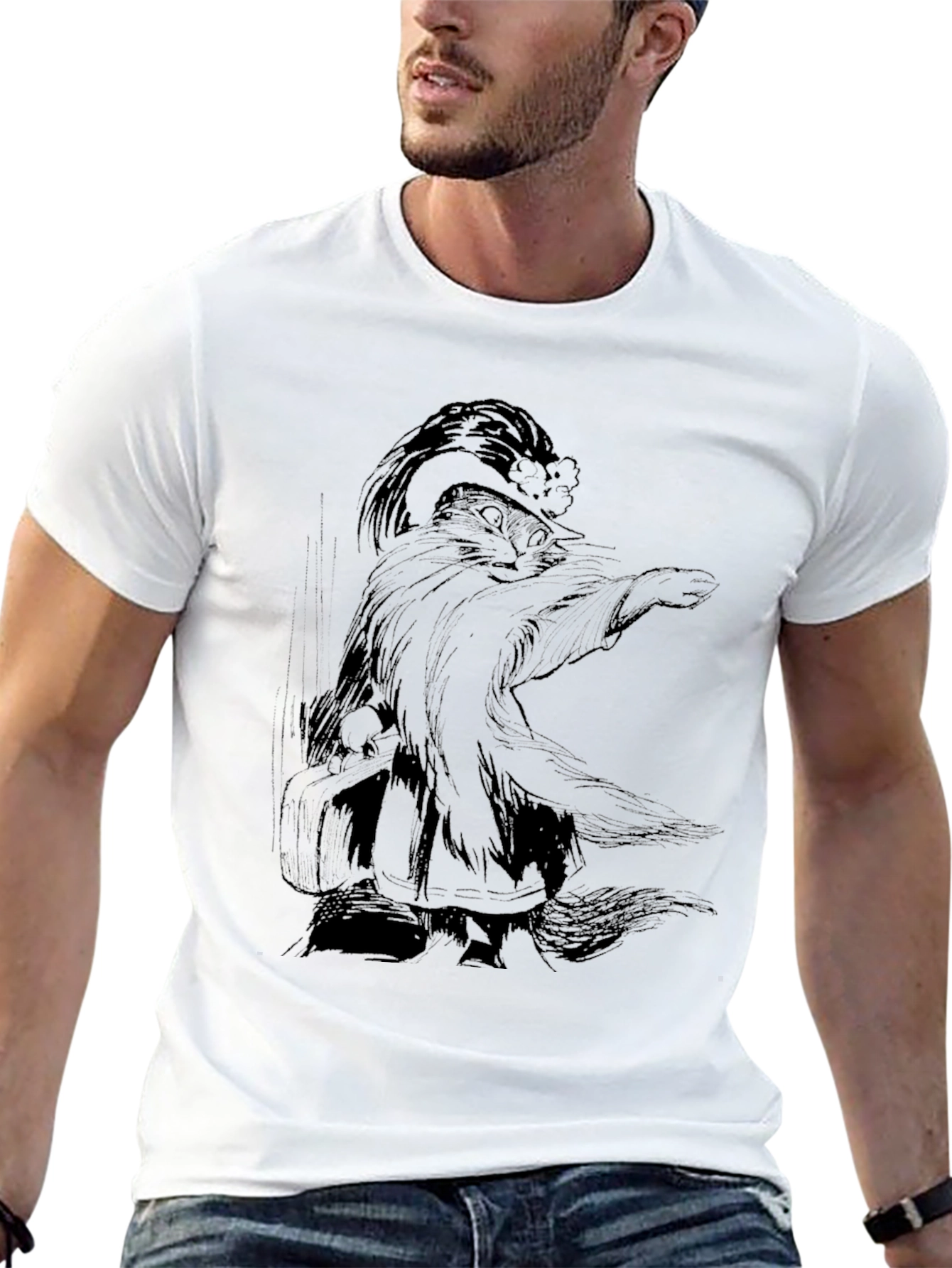 Whimsical Wizard Cat Graphic Tee - Black Cotton T-Shirt