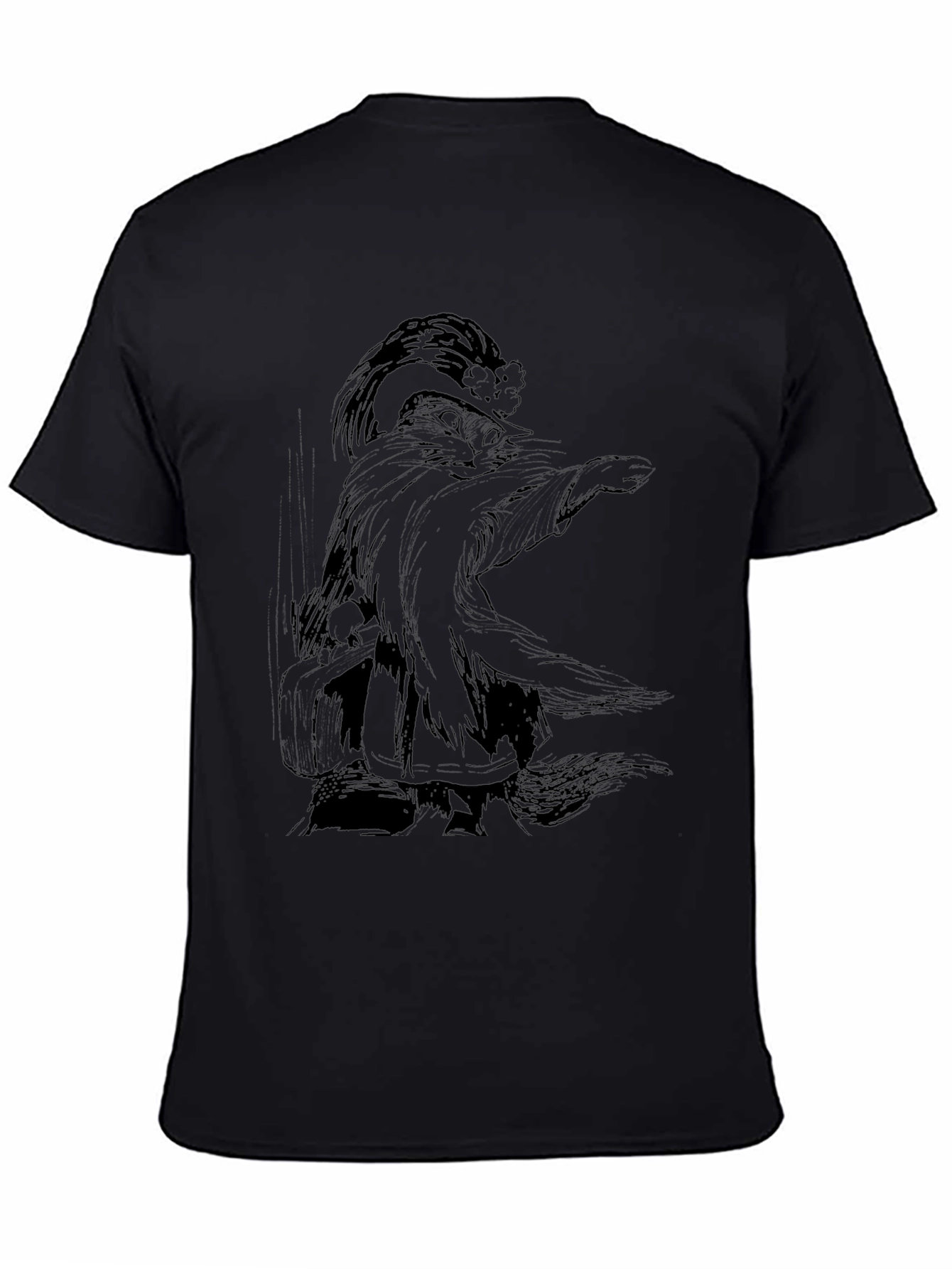 Whimsical Wizard Cat Graphic Tee - Black Cotton T-Shirt