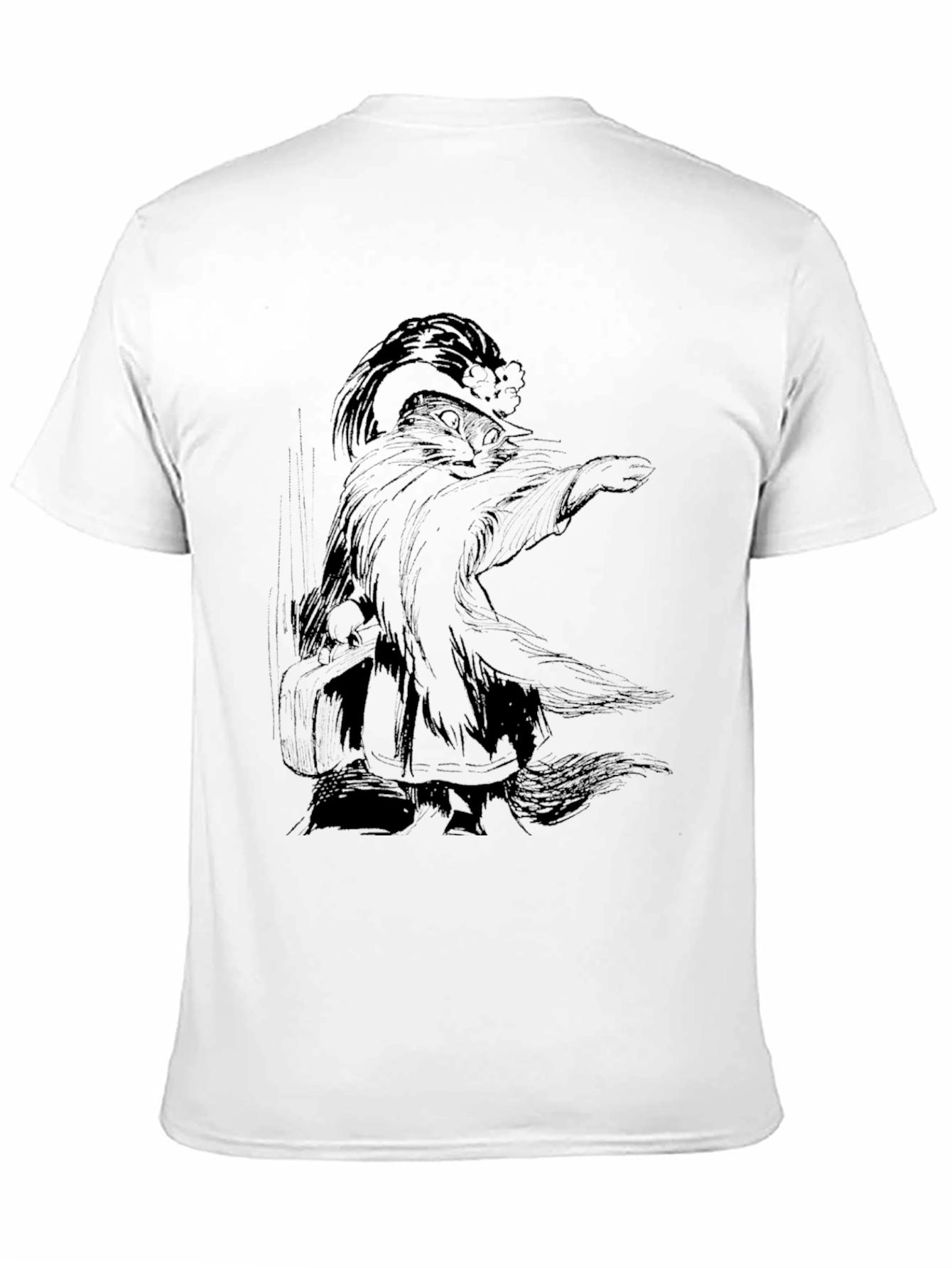 Whimsical Wizard Cat Graphic Tee - Black Cotton T-Shirt