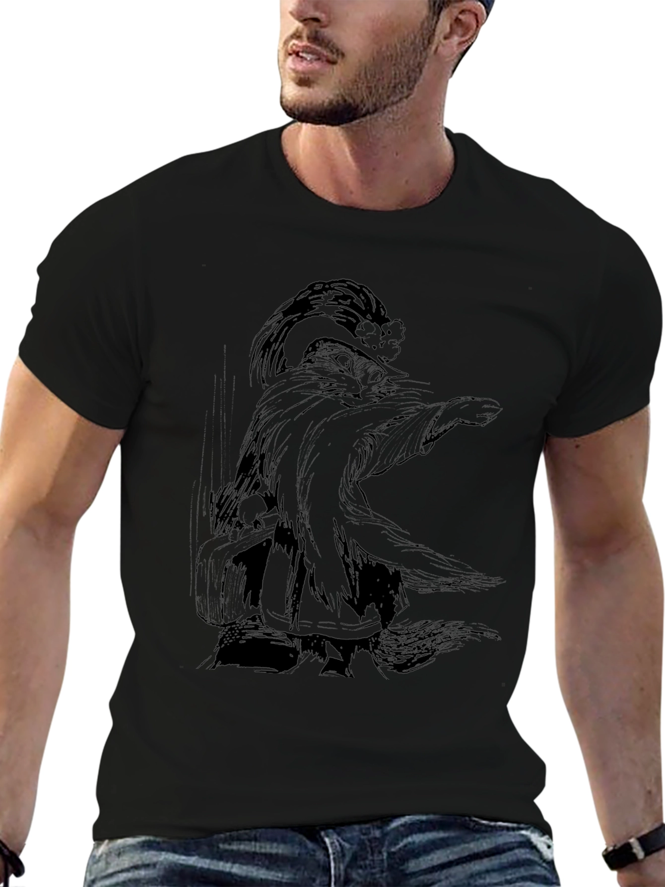 Whimsical Wizard Cat Graphic Tee - Black Cotton T-Shirt