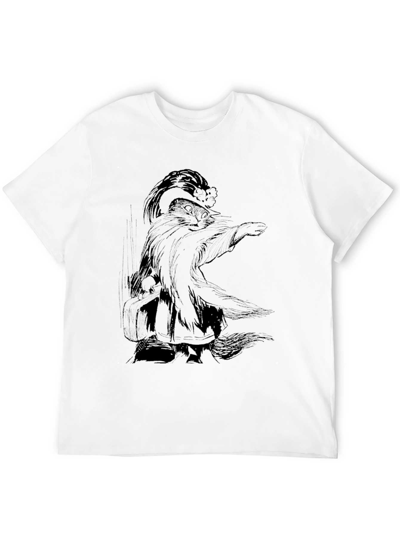 Whimsical Wizard Cat Graphic Tee - Black Cotton T-Shirt