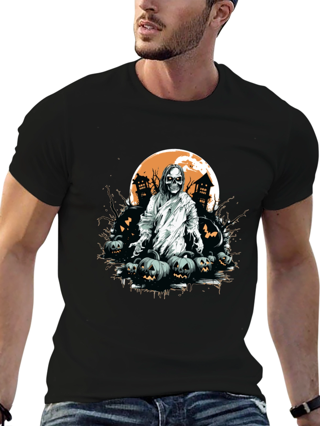 Spooky Halloween Graphic Tee - Ghost & Pumpkins
