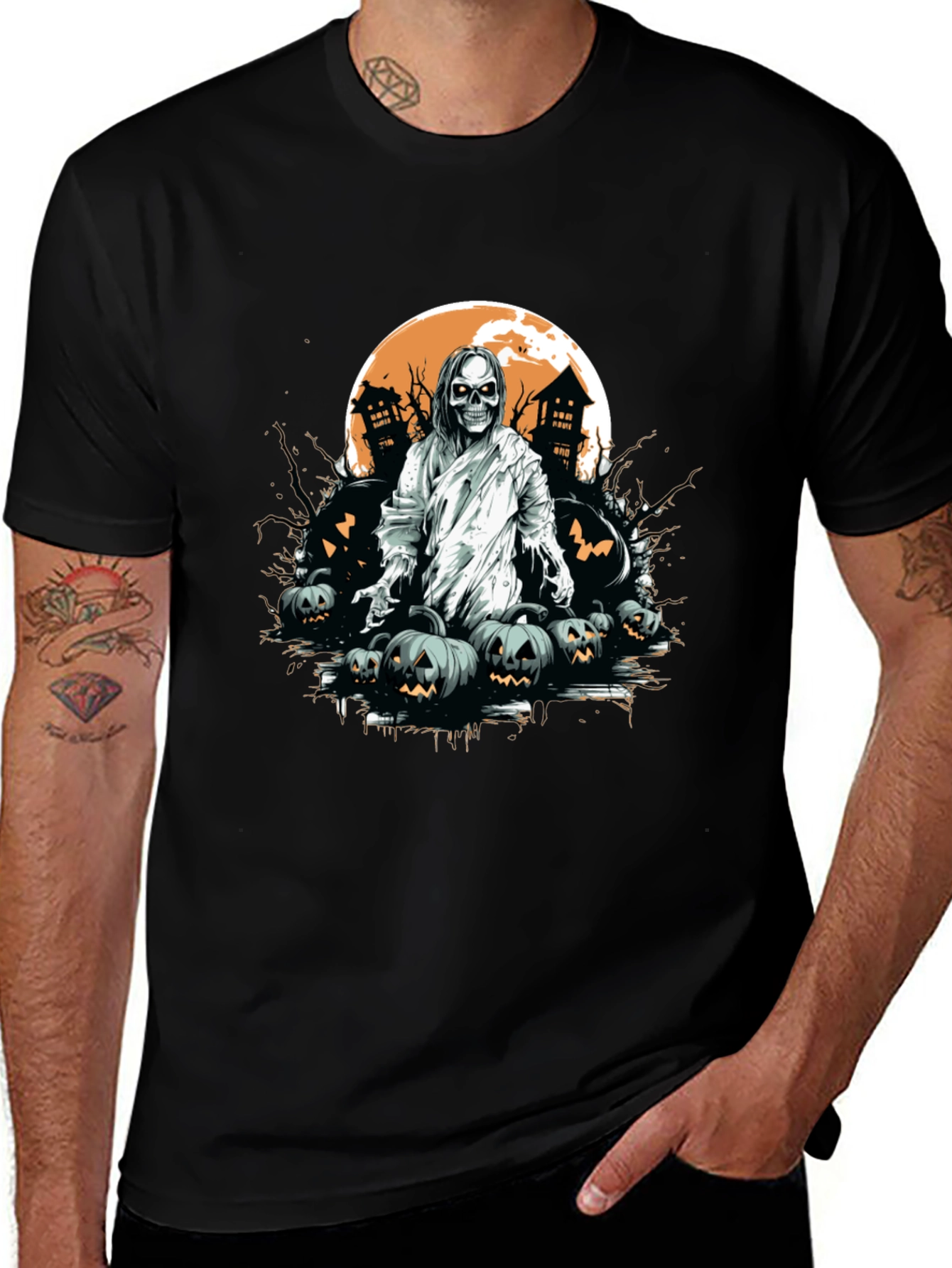 Spooky Halloween Graphic Tee - Ghost & Pumpkins