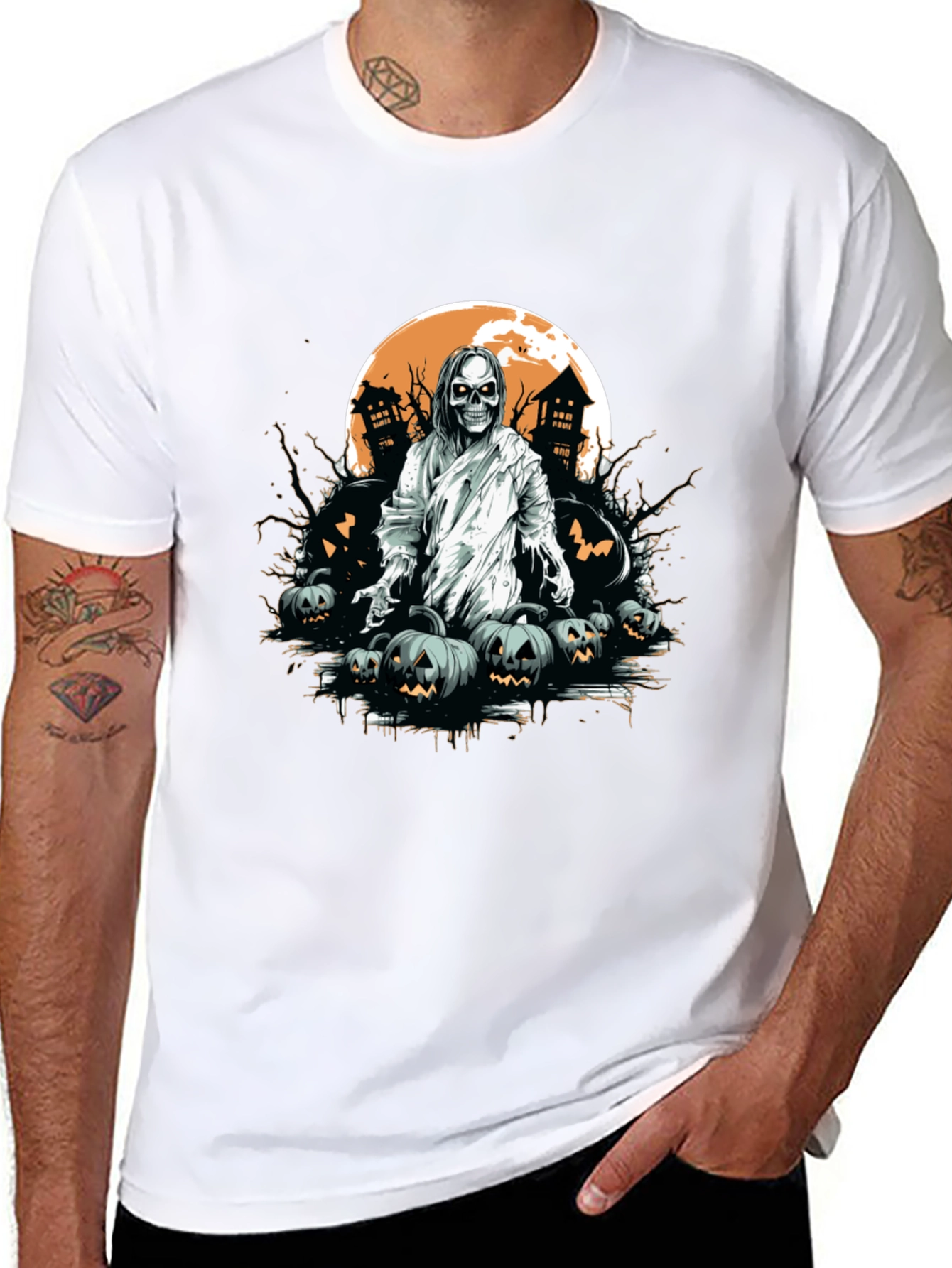Spooky Halloween Graphic Tee - Ghost & Pumpkins