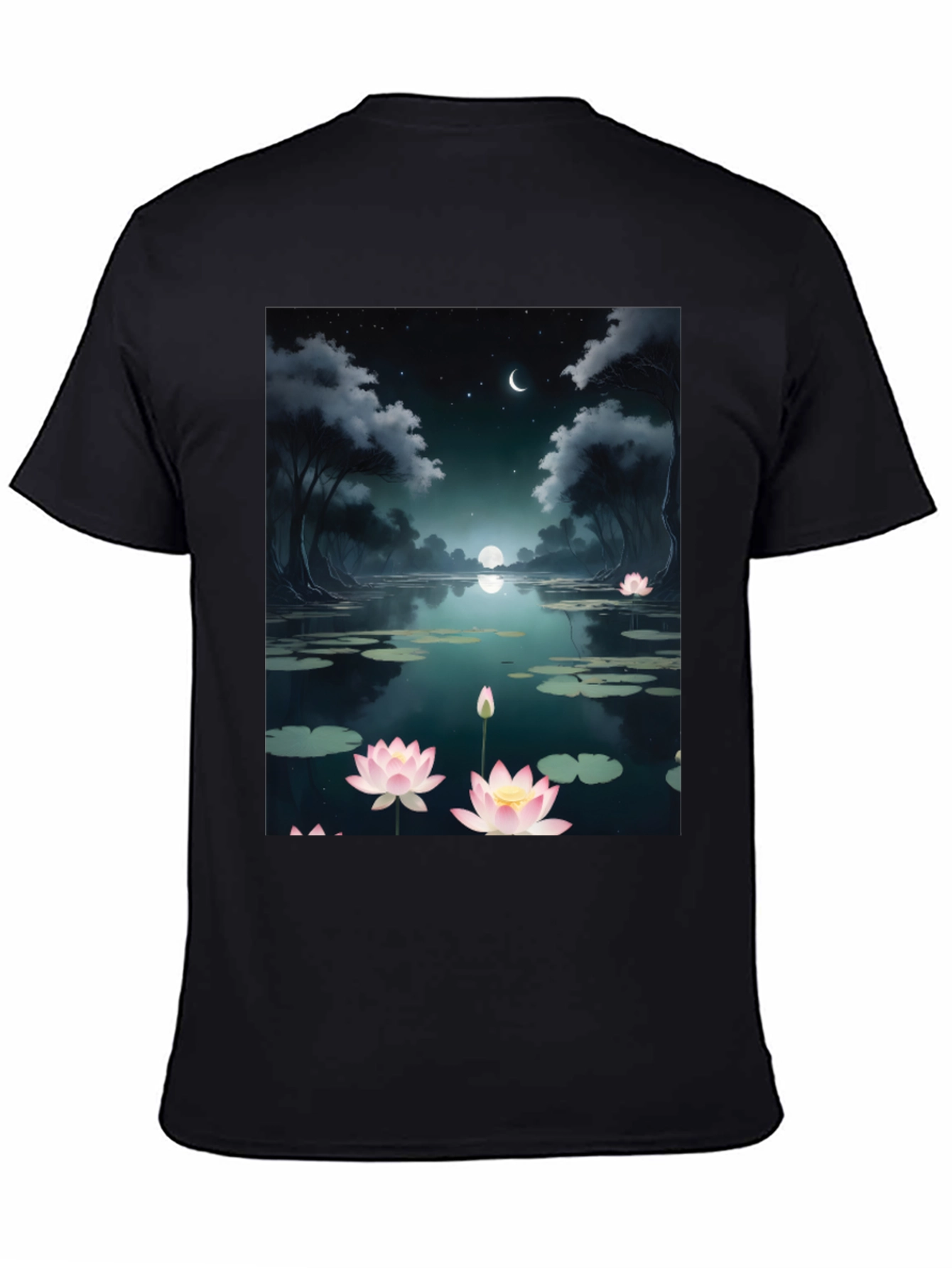 Lotus Pond Graphic Tee - Serene Night Design
