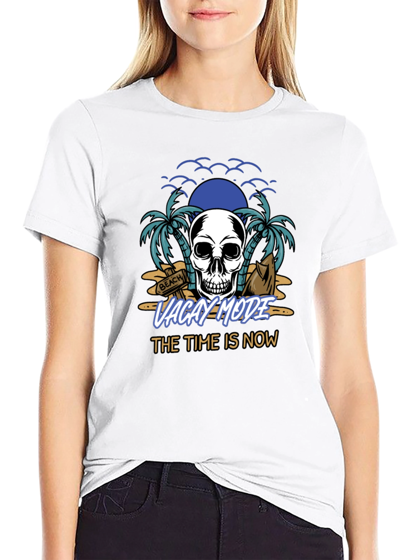 Vacay Mode T-Shirt - Skull & Beach Design