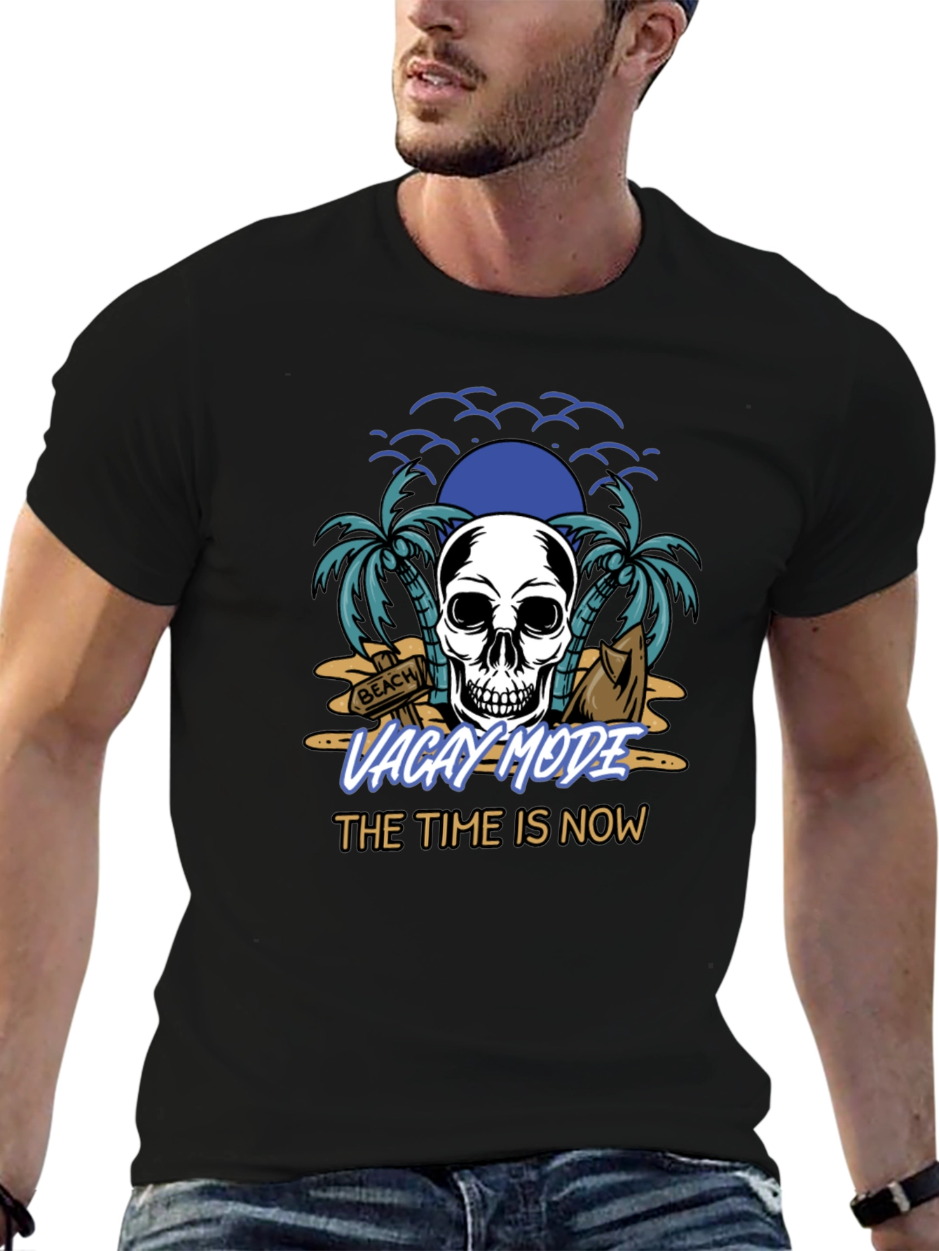 Vacay Mode T-Shirt - Skull & Beach Design