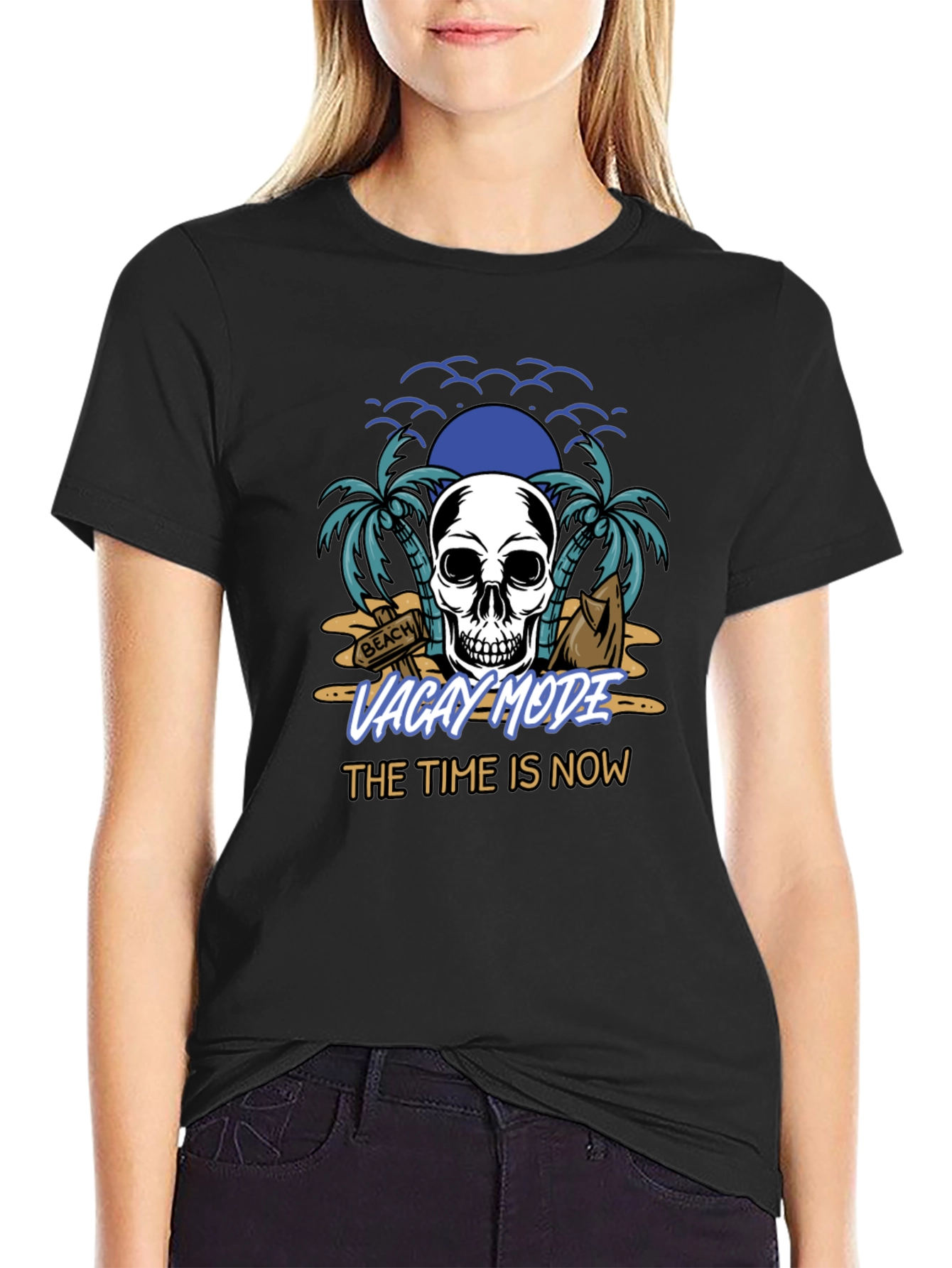 Vacay Mode T-Shirt - Skull & Beach Design