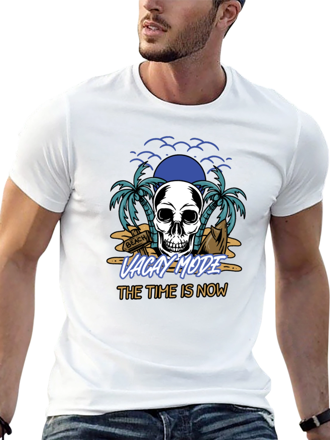 Vacay Mode T-Shirt - Skull & Beach Design