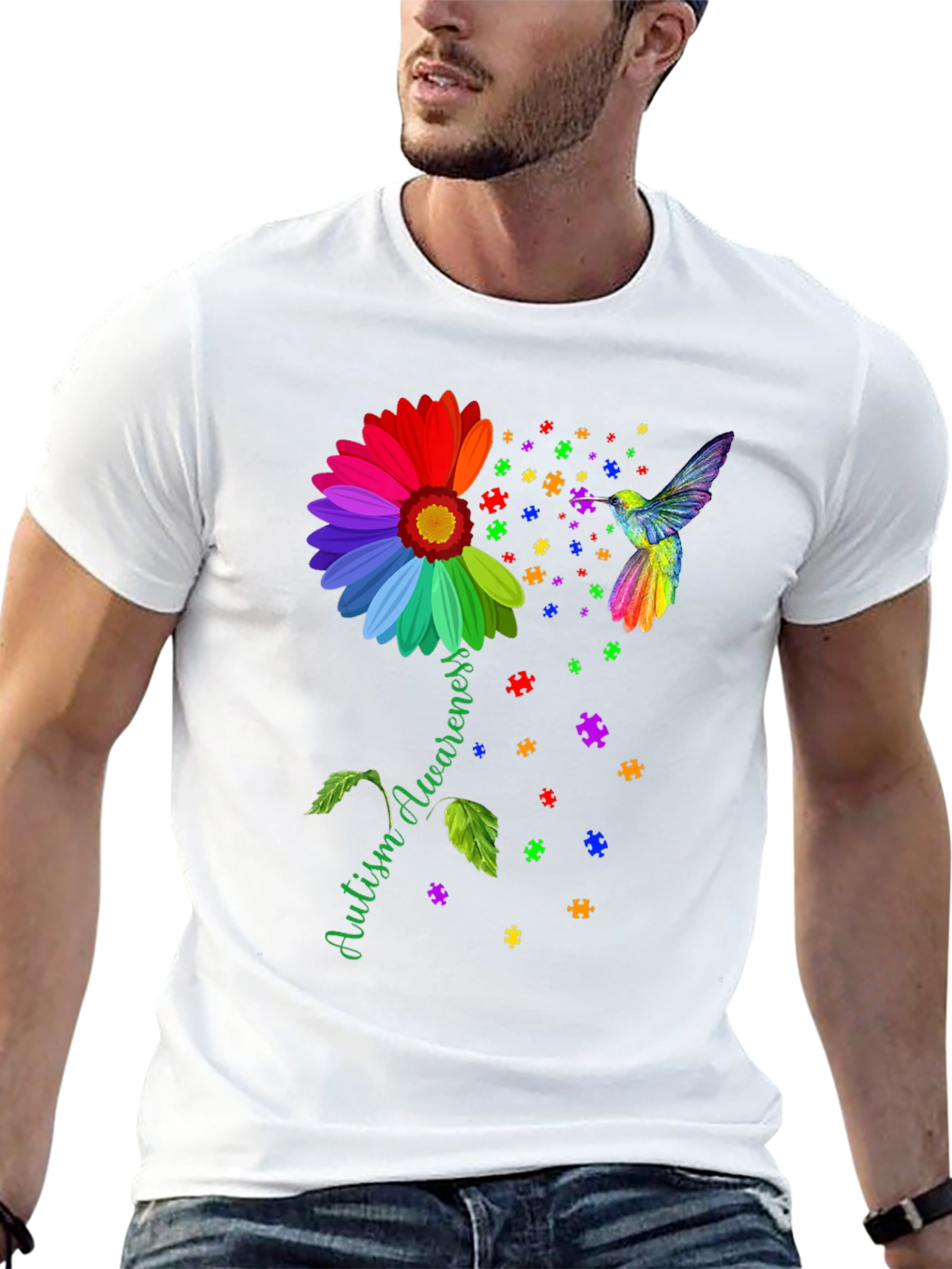 Autism Awareness T-Shirt Sunflower Hummingbird Design