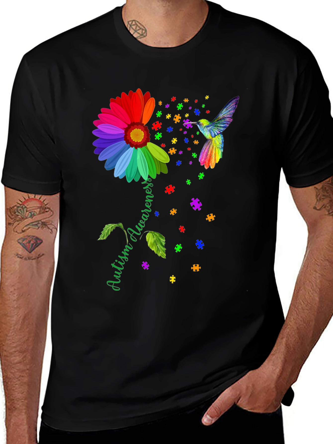 Autism Awareness T-Shirt Sunflower Hummingbird Design