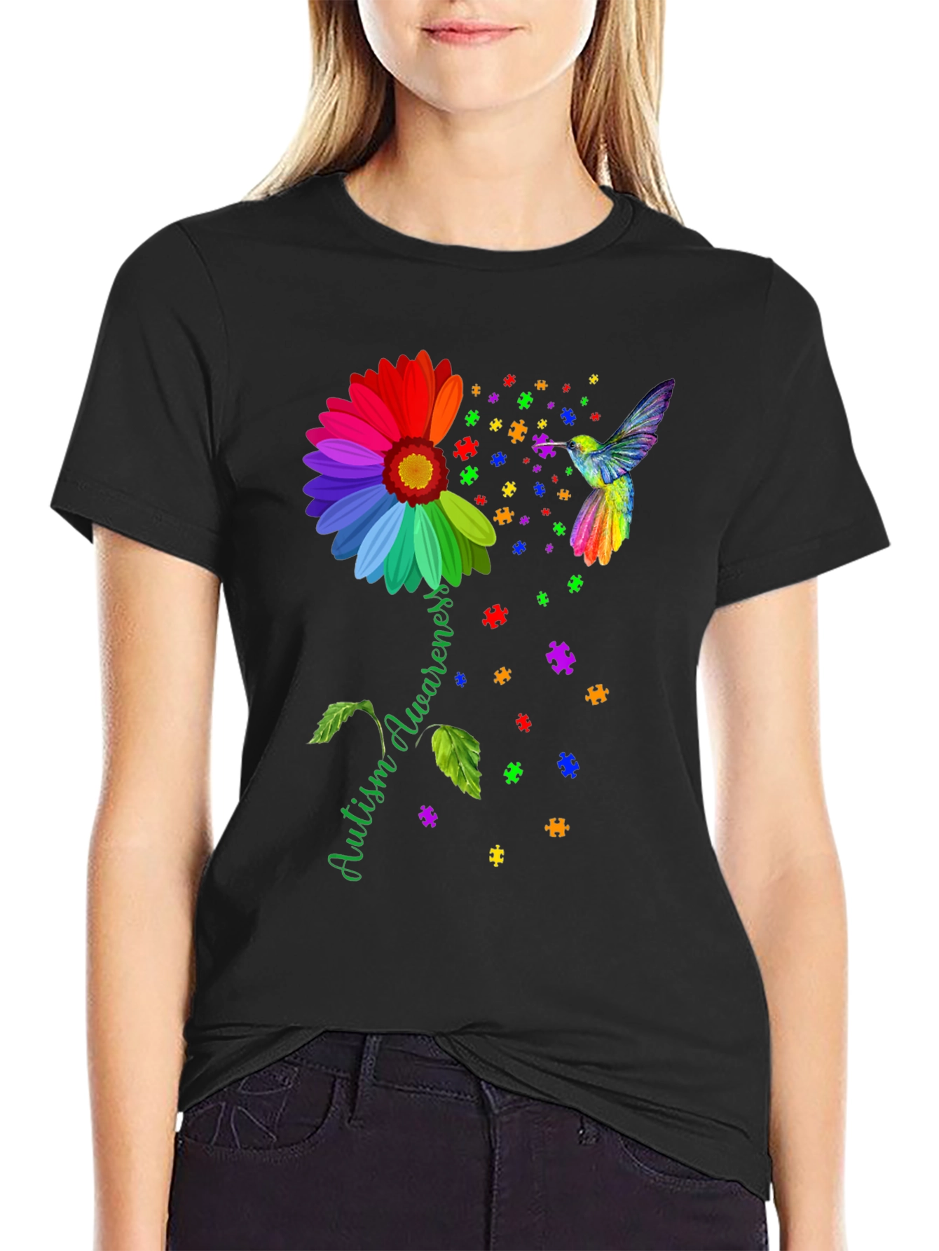 Autism Awareness T-Shirt Sunflower Hummingbird Design
