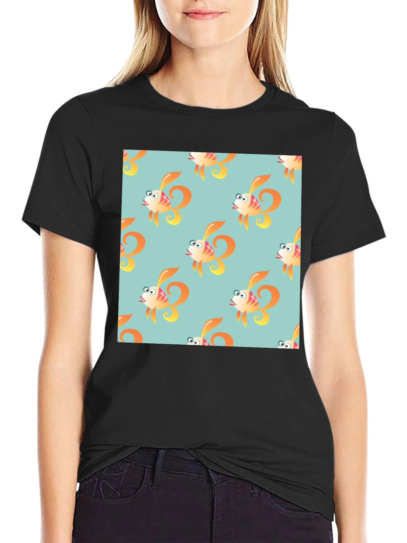 Fun Cartoon Fish Pattern Black T-Shirt