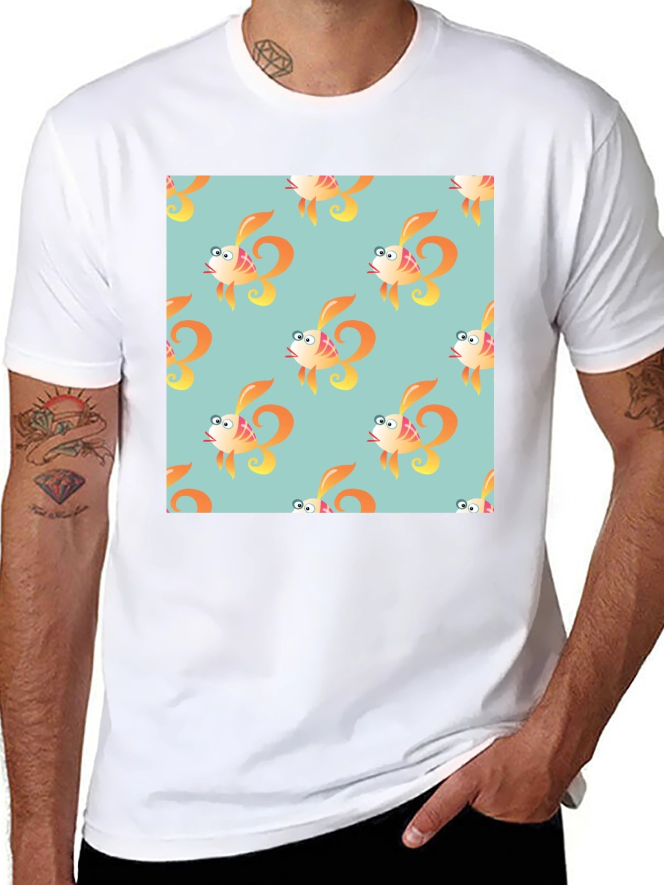 Fun Cartoon Fish Pattern Black T-Shirt