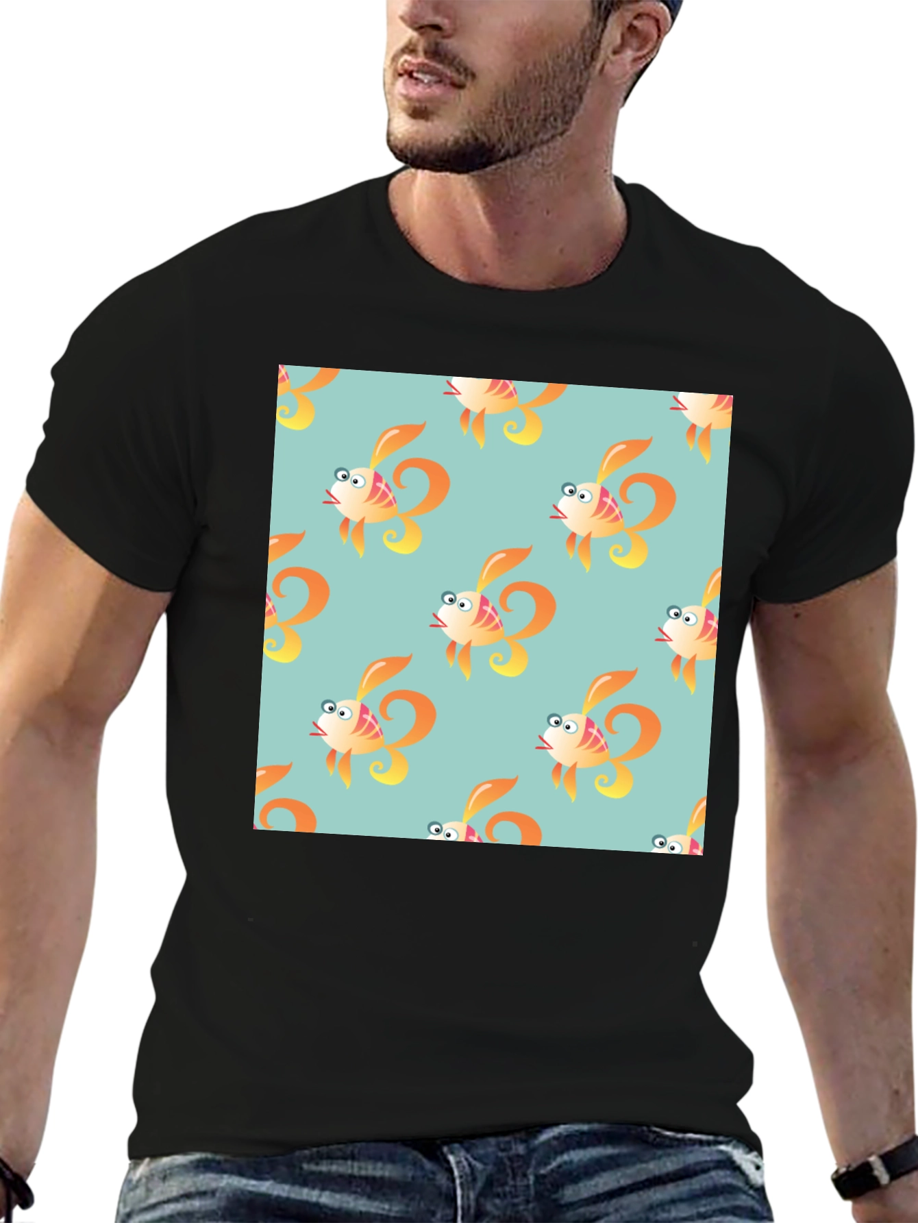 Fun Cartoon Fish Pattern Black T-Shirt