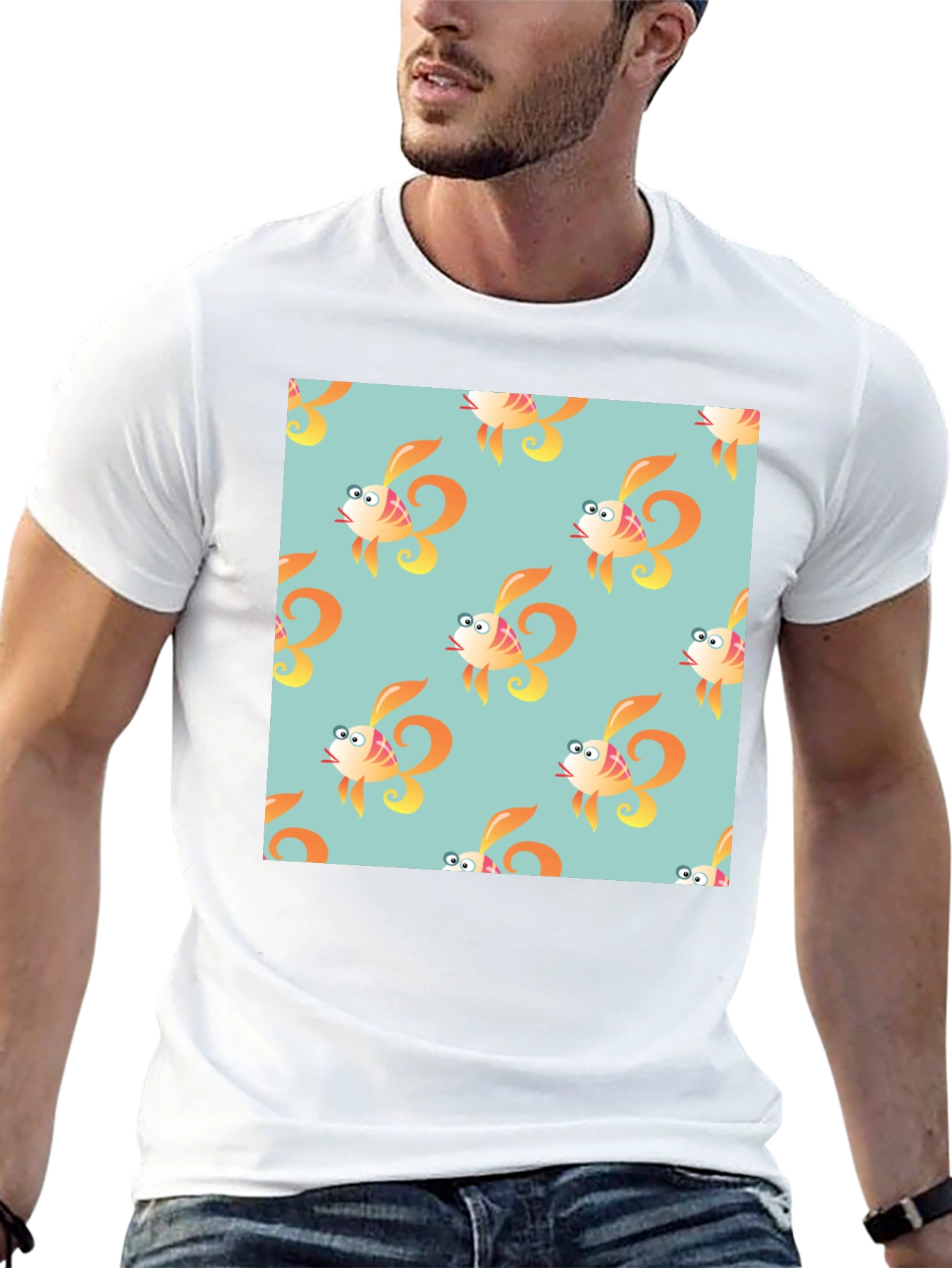 Fun Cartoon Fish Pattern Black T-Shirt
