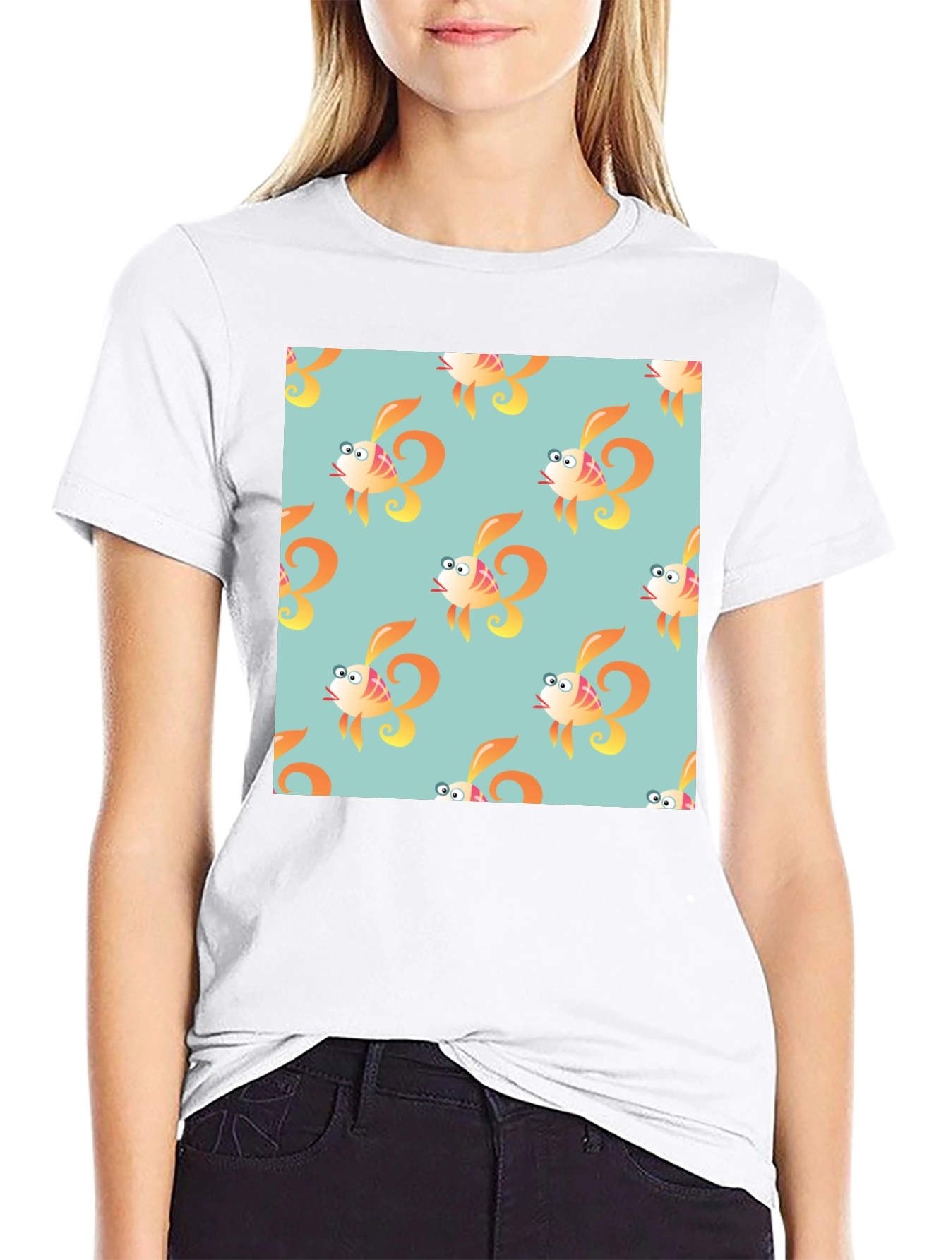 Fun Cartoon Fish Pattern Black T-Shirt