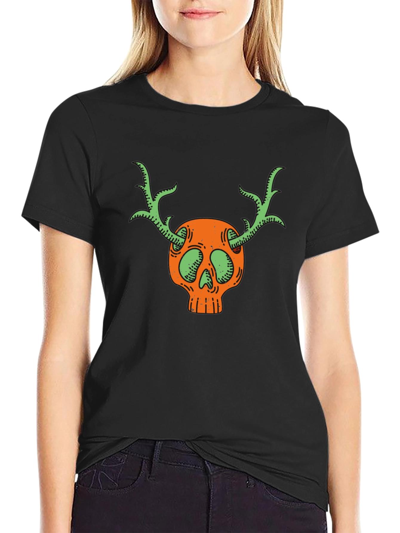 Skull & Antlers Graphic Black T-Shirt