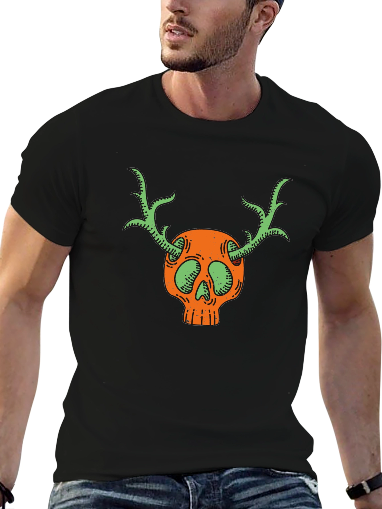 Skull & Antlers Graphic Black T-Shirt