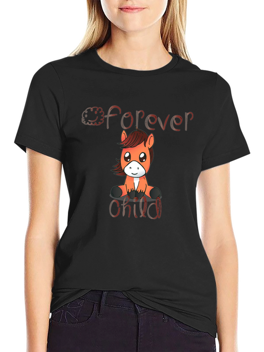 Forever Child Black T-Shirt: Cute Cartoon Horse Graphic Tee