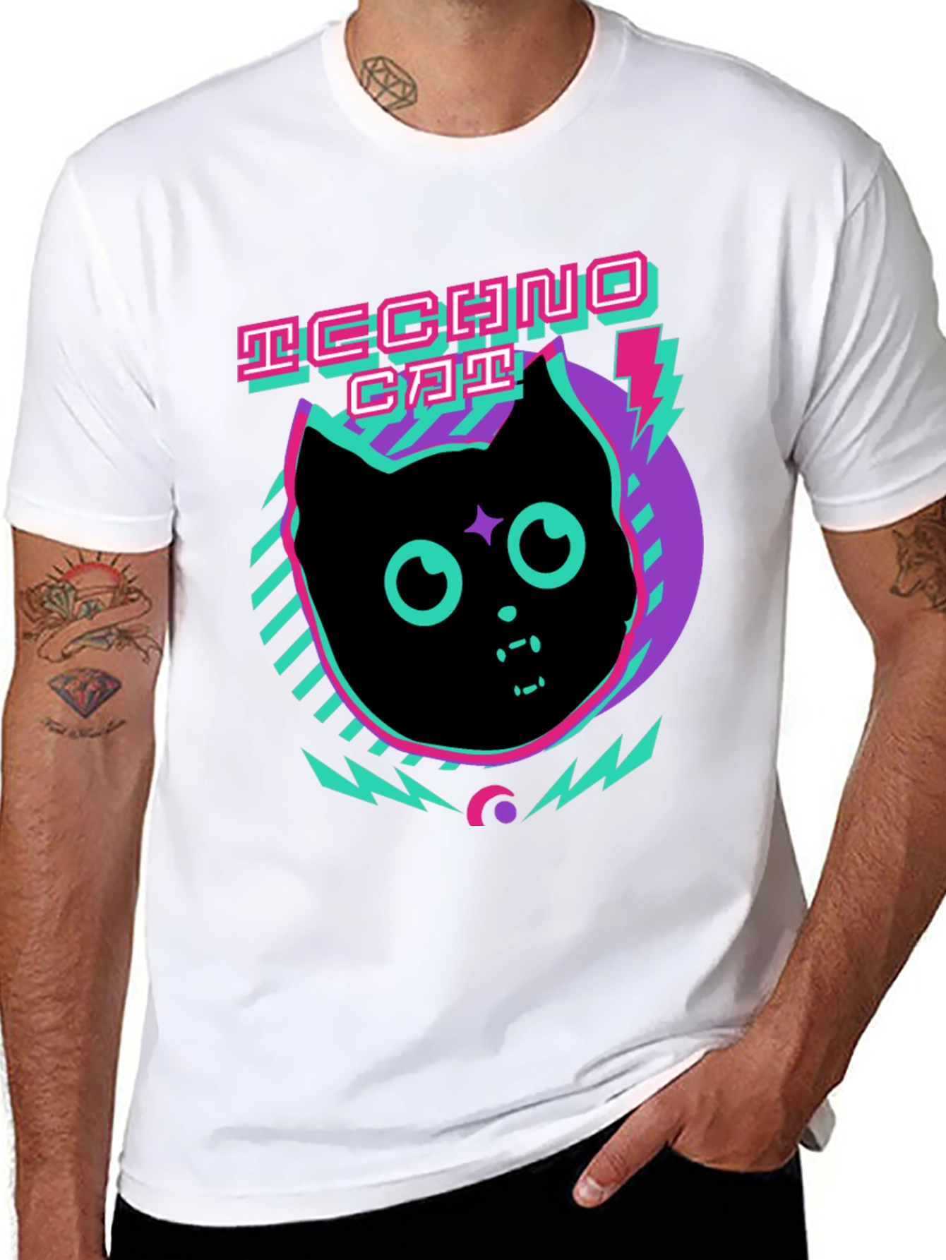 Techno Cat Graphic Tee - Black Cotton T-Shirt