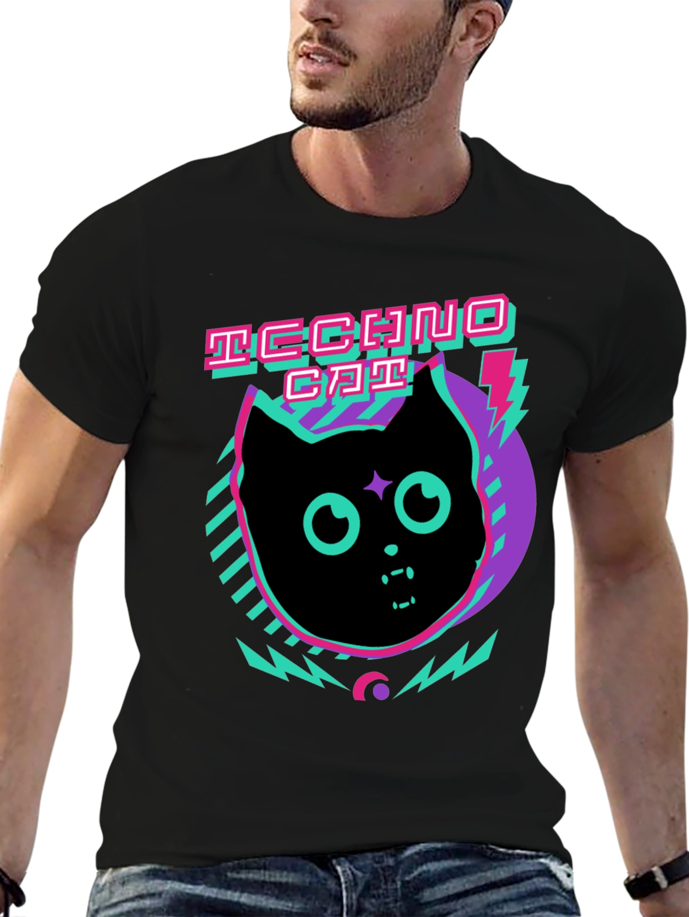 Techno Cat Graphic Tee - Black Cotton T-Shirt