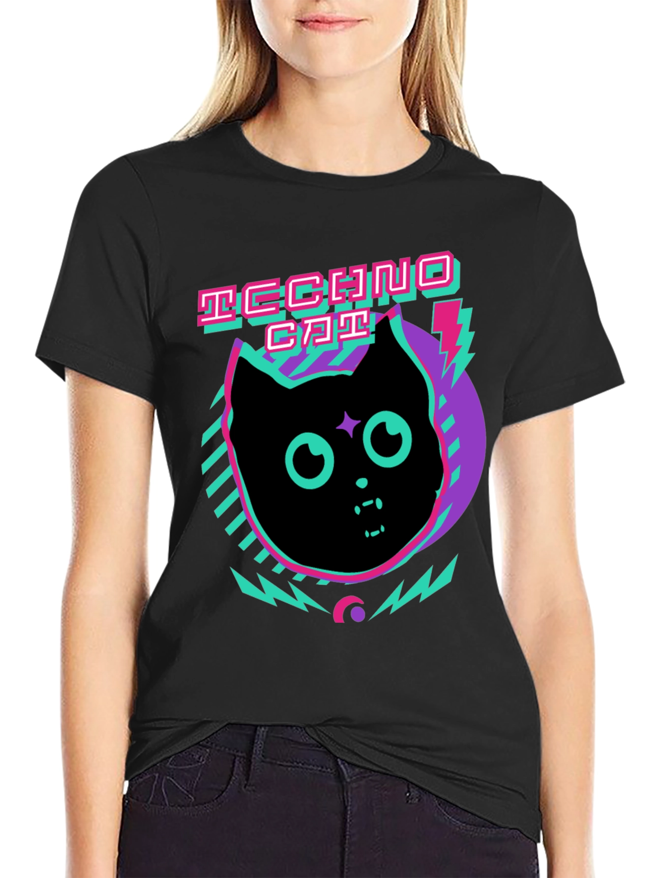 Techno Cat Graphic Tee - Black Cotton T-Shirt