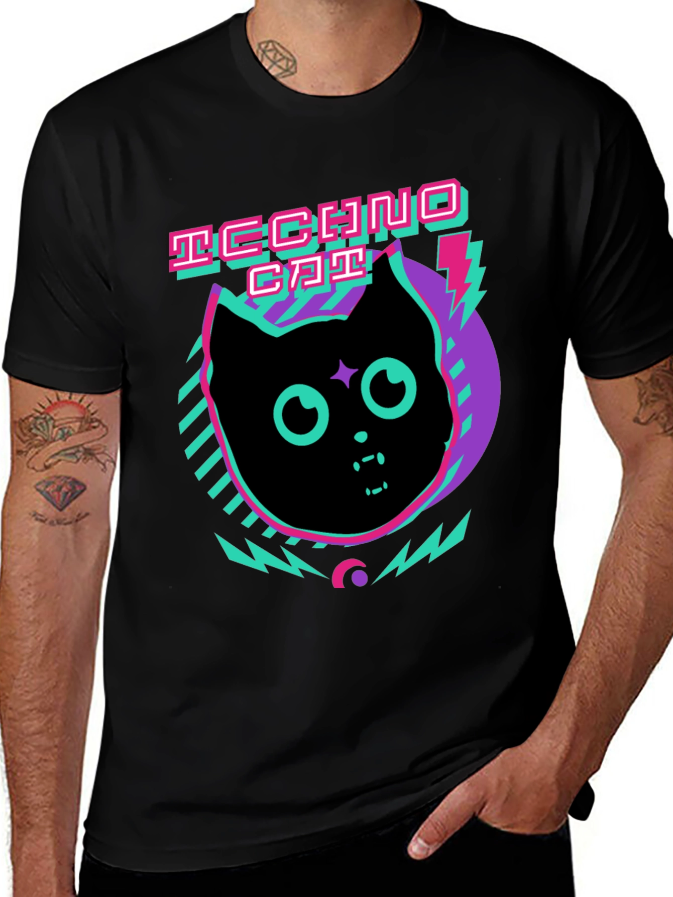 Techno Cat Graphic Tee - Black Cotton T-Shirt