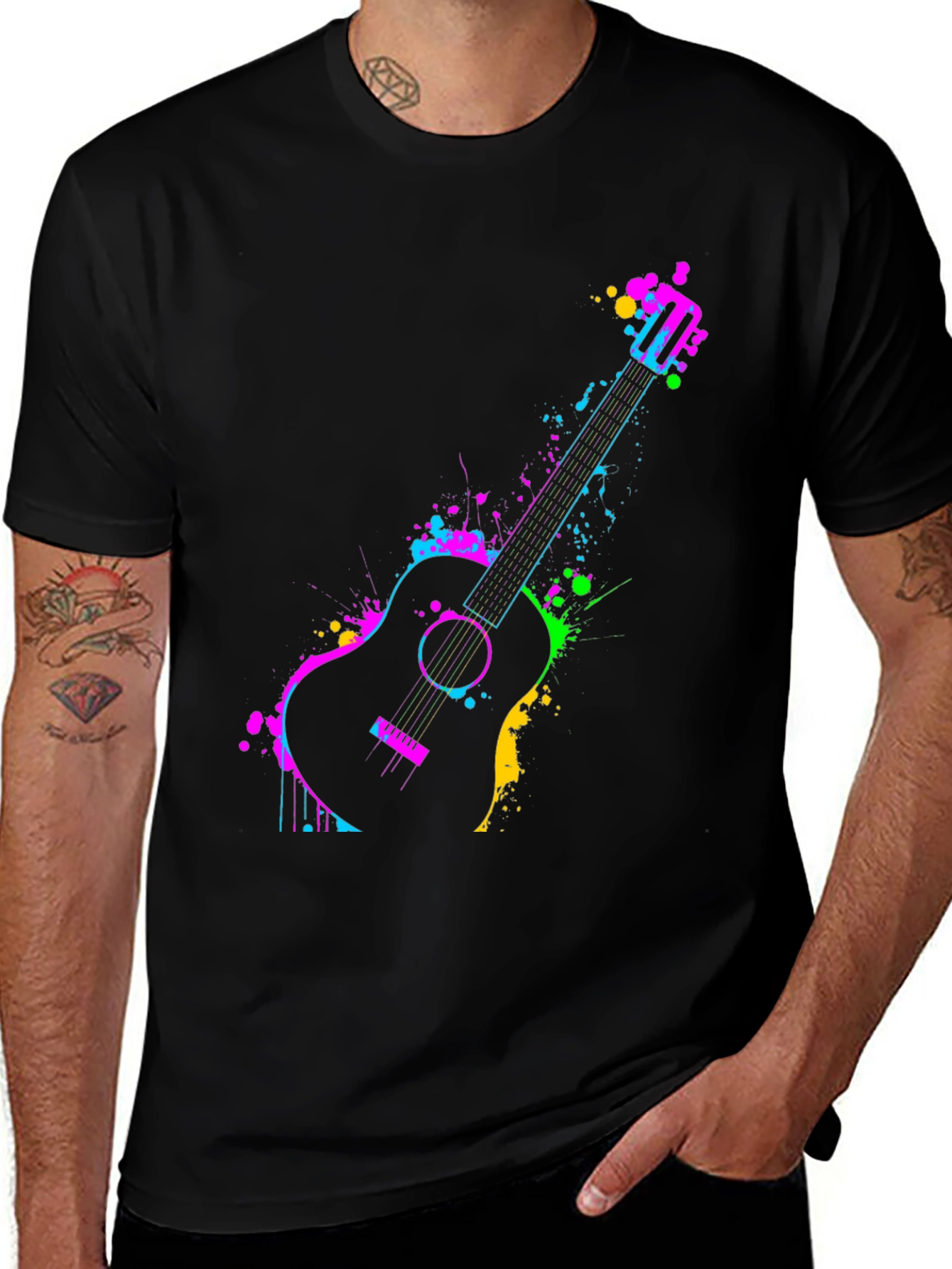 Neon Guitar Splash Graphic Tee - Black