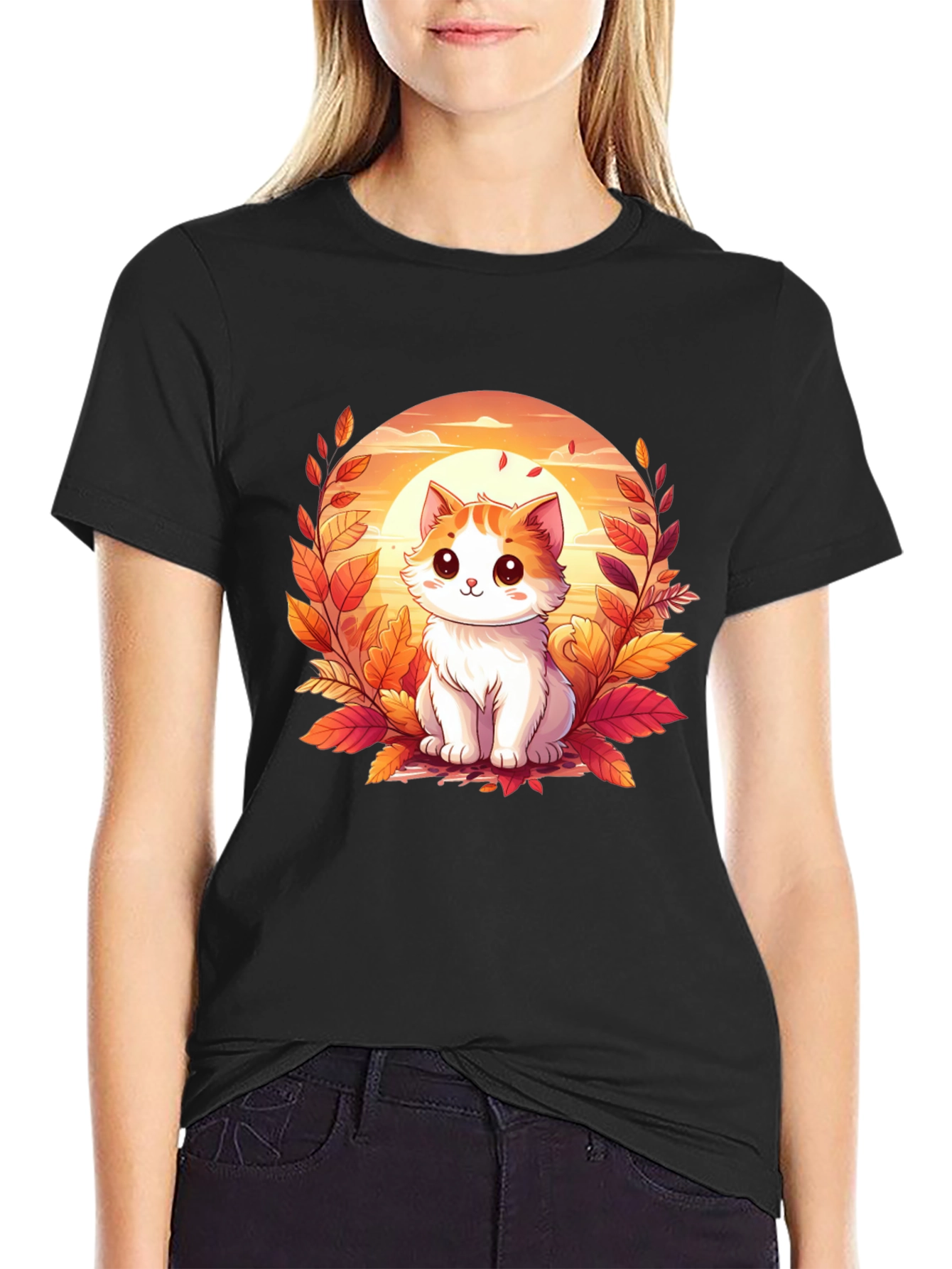 Cute Cat Fall Leaves Graphic T-Shirt