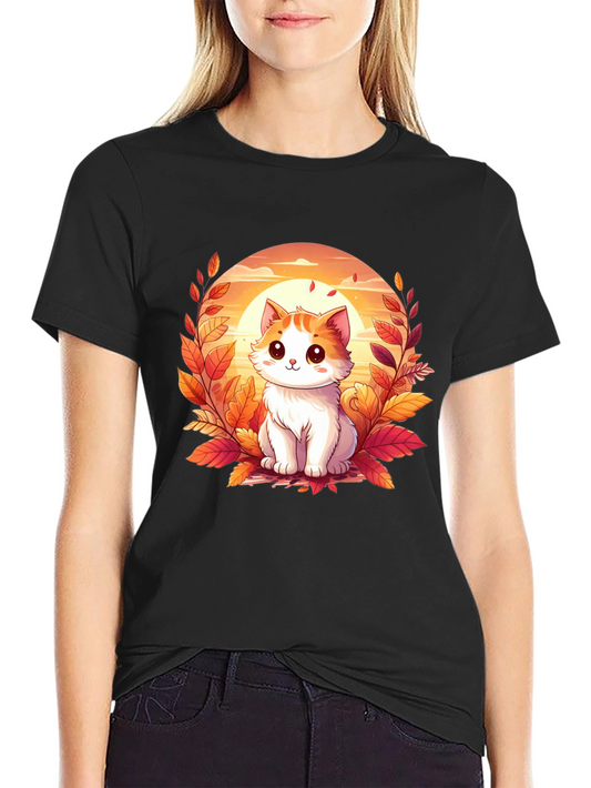 Cute Cat Fall Leaves Graphic T-Shirt