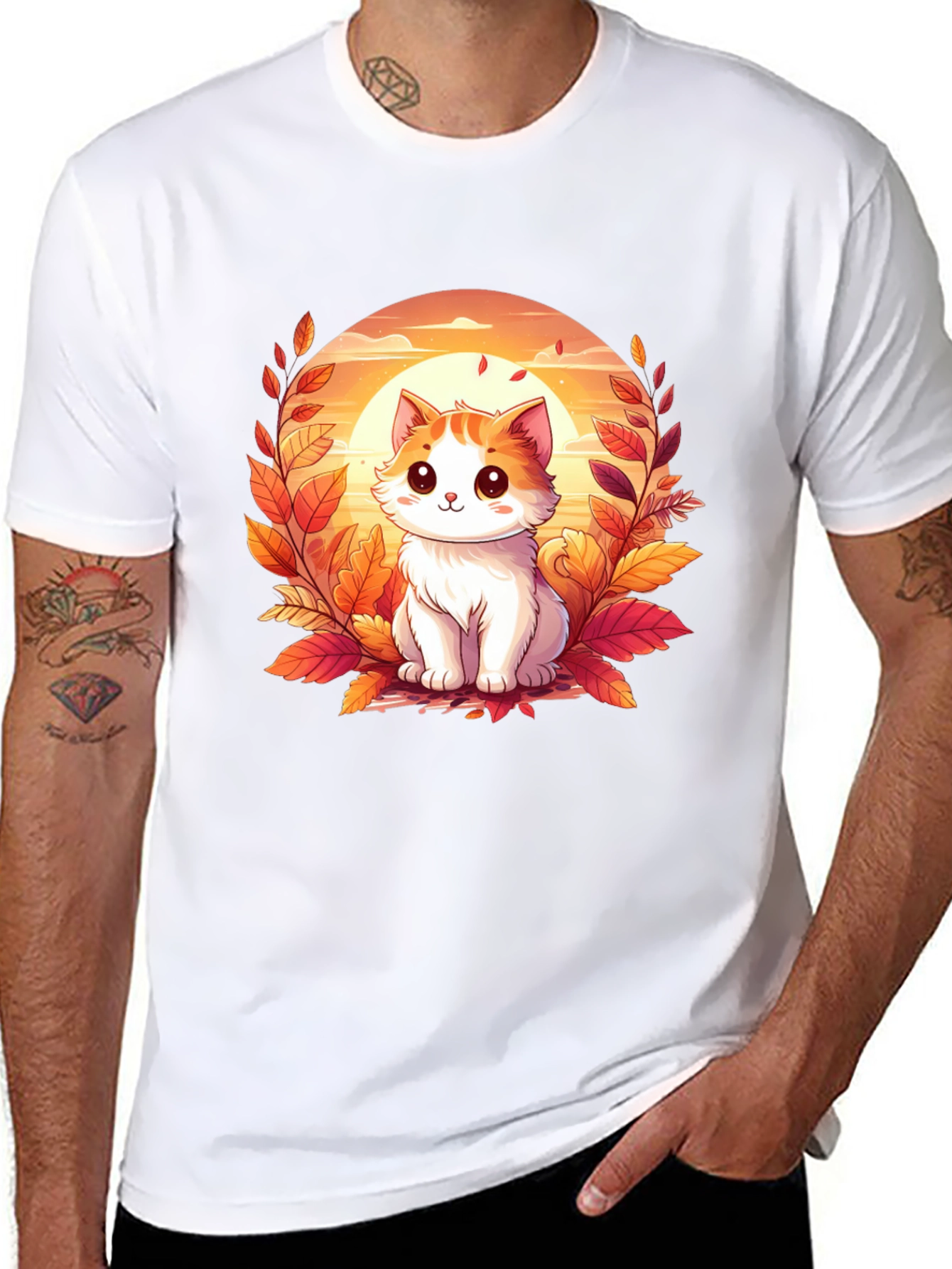 Cute Cat Fall Leaves Graphic T-Shirt